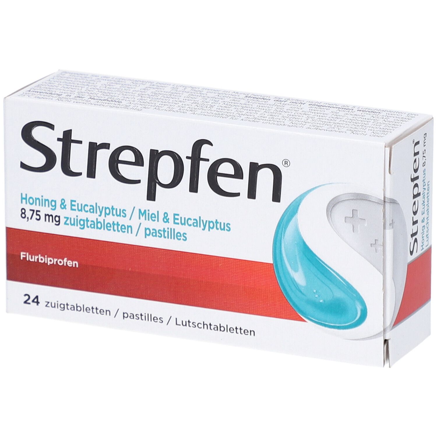 Doosje Strepfen Honing & Eucalyptus, 24 zuigtabletten. Witte verpakking met rode accenten en productnaam.