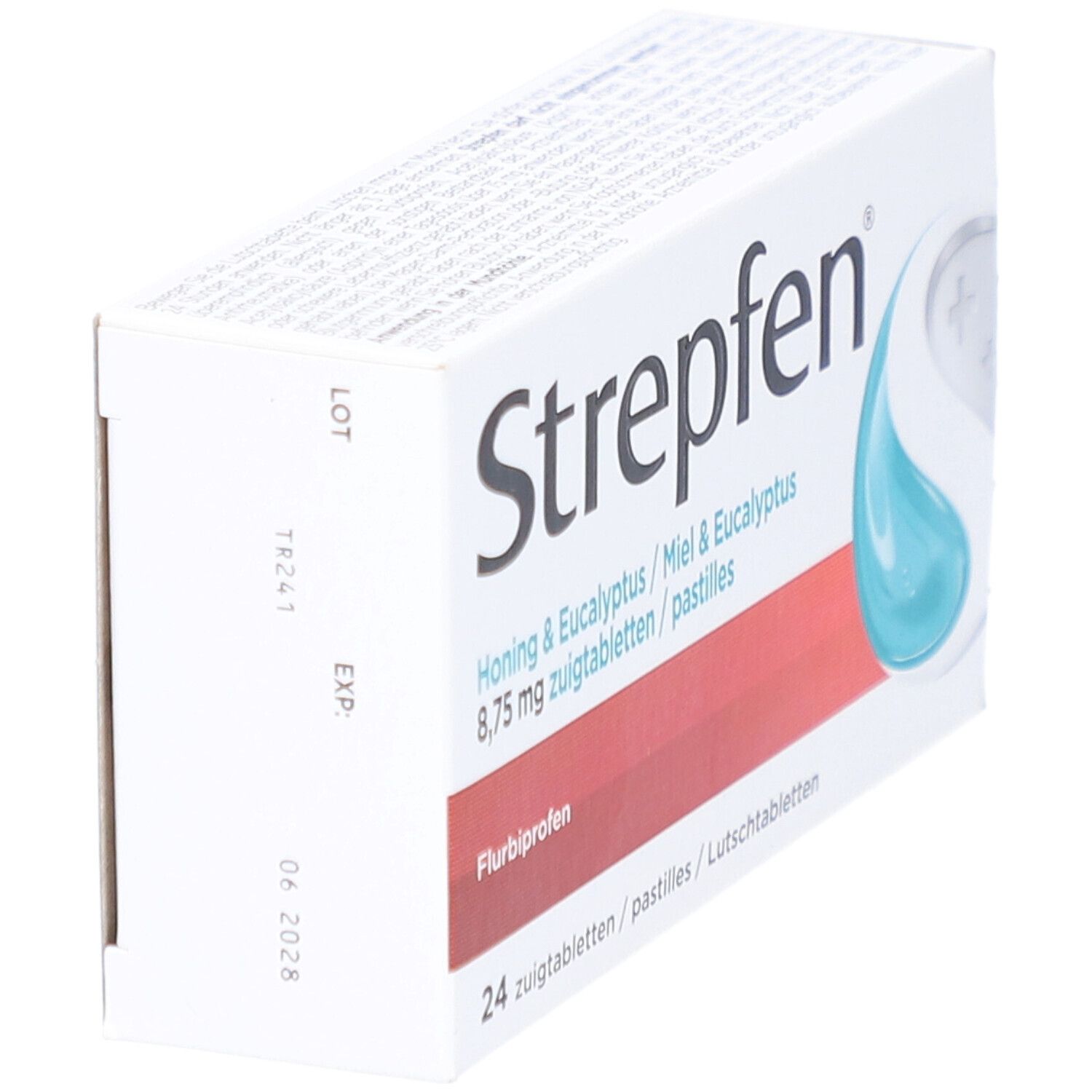 Zijaanzicht van de Strepfen-doos. Productnaam en details op witte achtergrond. Houdbaarheidsdata zichtbaar.