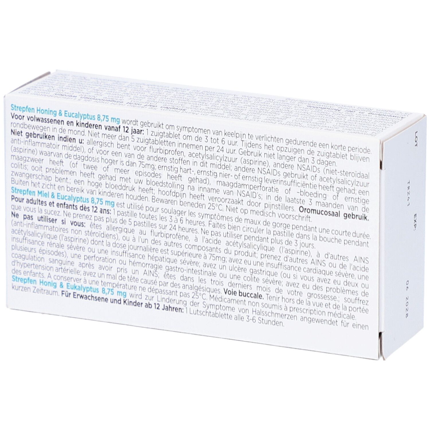 Achterkant van de Strepfen-doos met tekst. Informatie over ingrediënten en gebruik afgedrukt.
