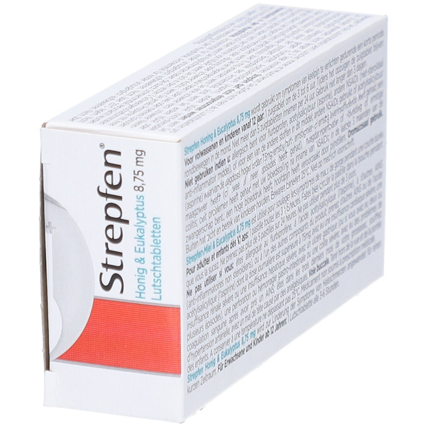 Strepfen-doosje, schuin. Productnaam en details op witte achtergrond. Rode accent.