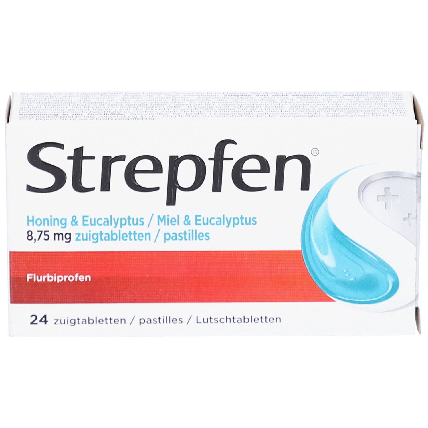 Bovenaanzicht van de Strepfen-doos. Productnaam, ingrediënten en aantal tabletten duidelijk zichtbaar.