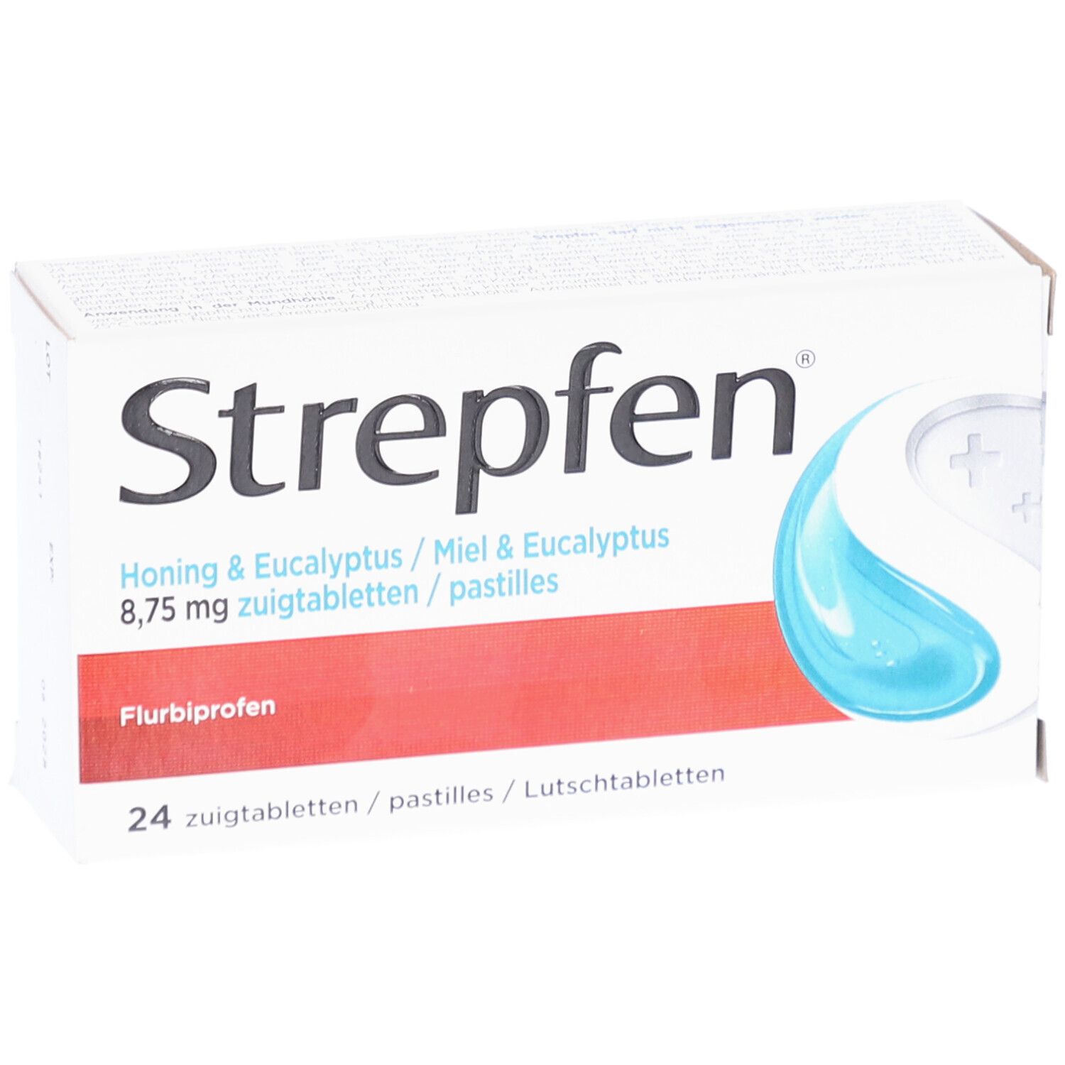 Bovenaanzicht van de Strepfen-doos. Productnaam, ingrediënten en aantal tabletten duidelijk zichtbaar.