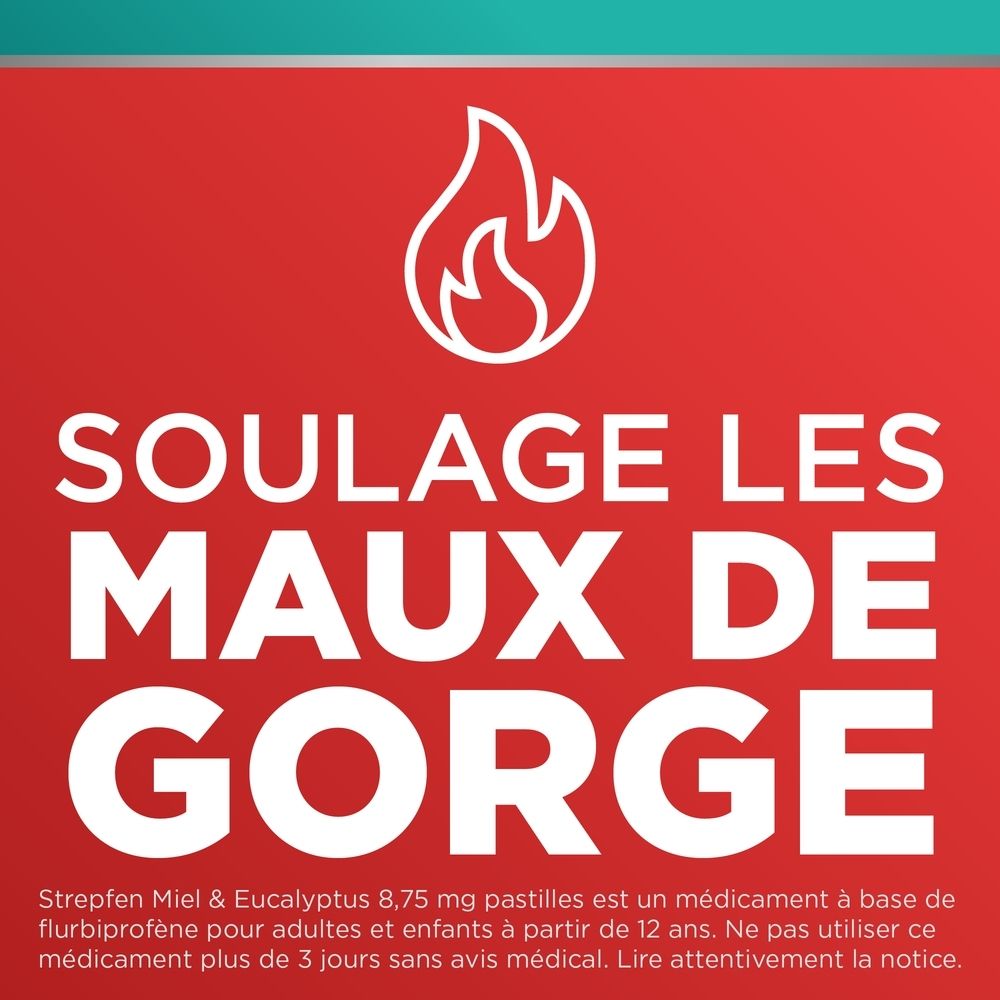 Texte: Le flurbiprofène agit localement dans la gorge. Soulage la gorge douloureuse et gonflée.