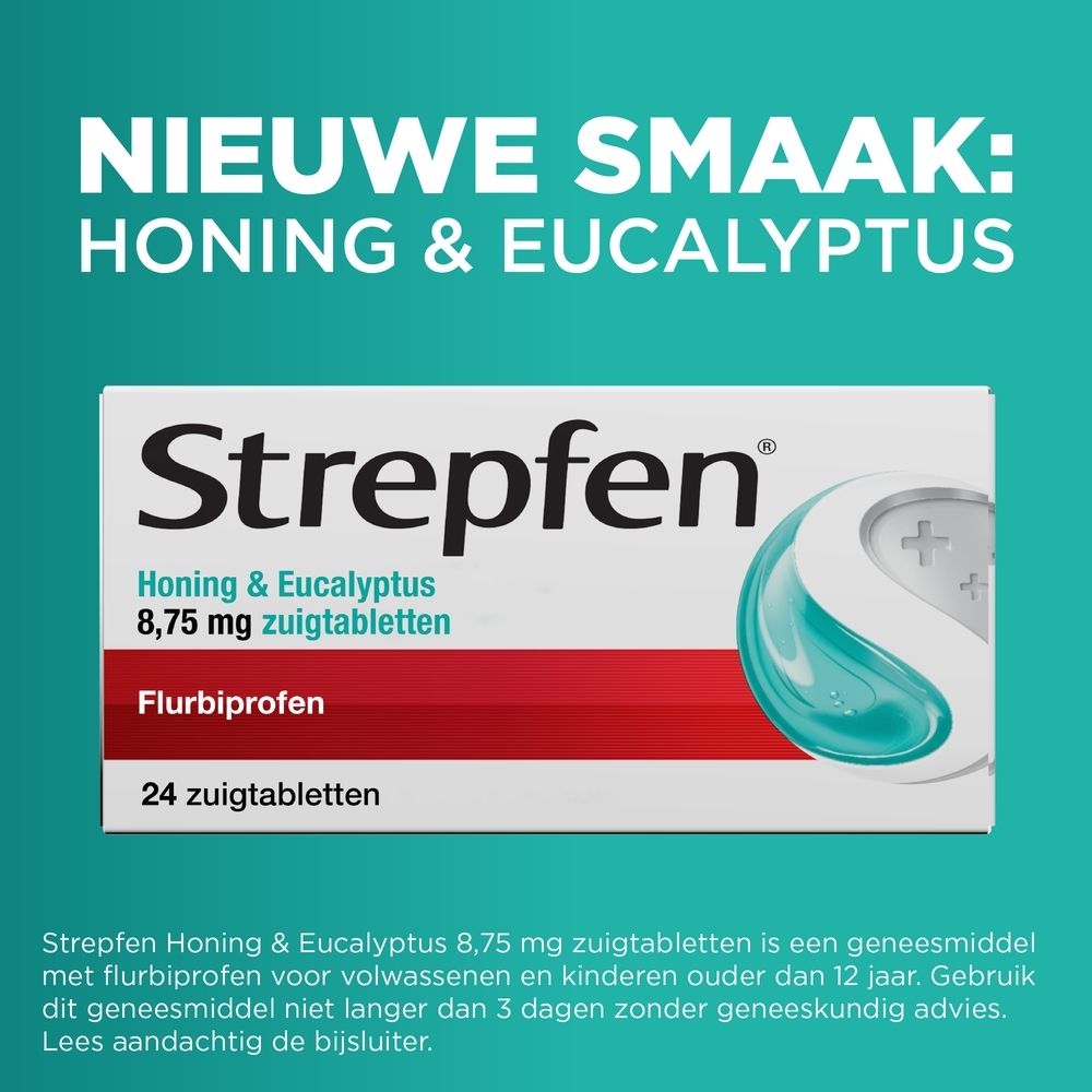 Tekst: Flurbiprofen werkt lokaal in de keel. Verlicht pijnlijke en gezwollen keel.