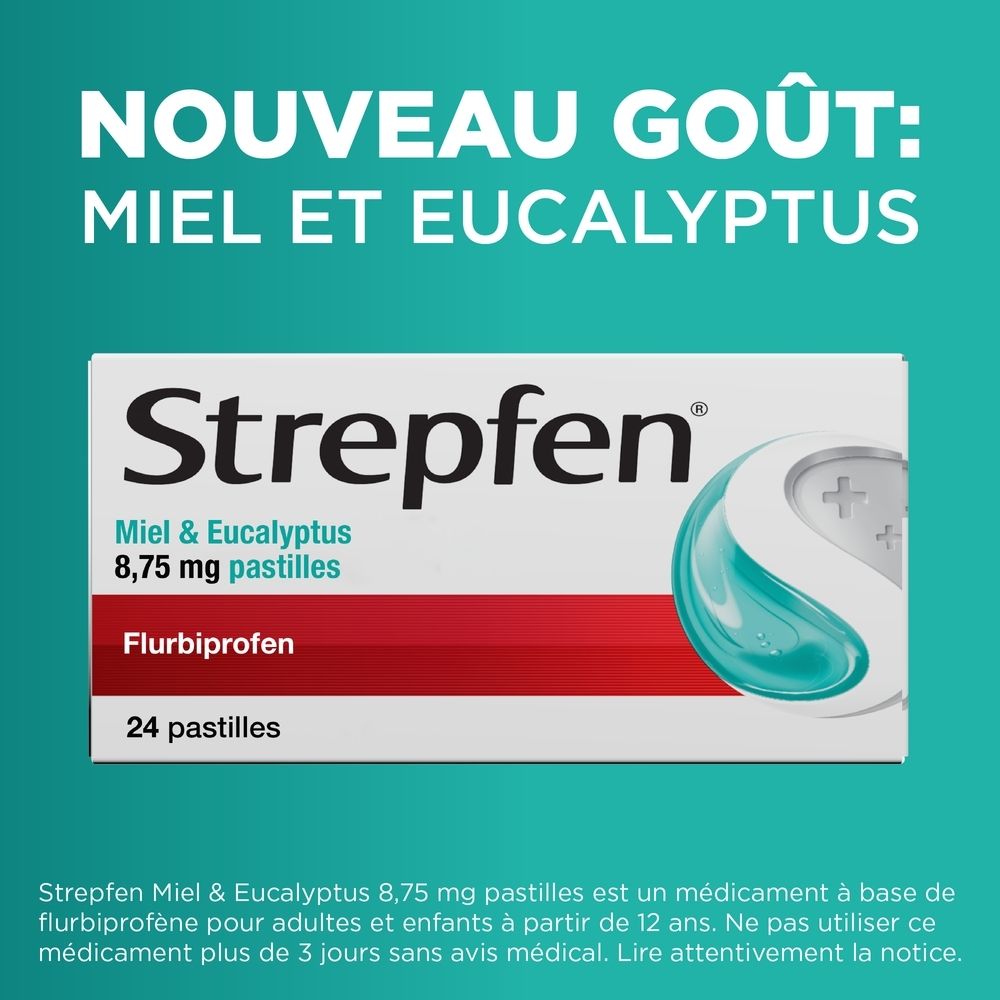Texte: Dès 2 min, jusqu'à 4 hrs. Soulagement rapide et prolongé. Strepfen.