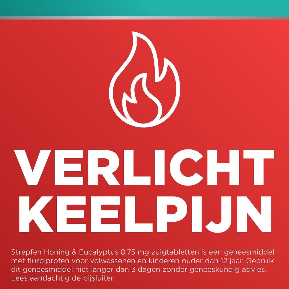 Tekst: Bevat flurbiprofen, met krachtige ontstekingsremmende eigenschappen. Strepfen.