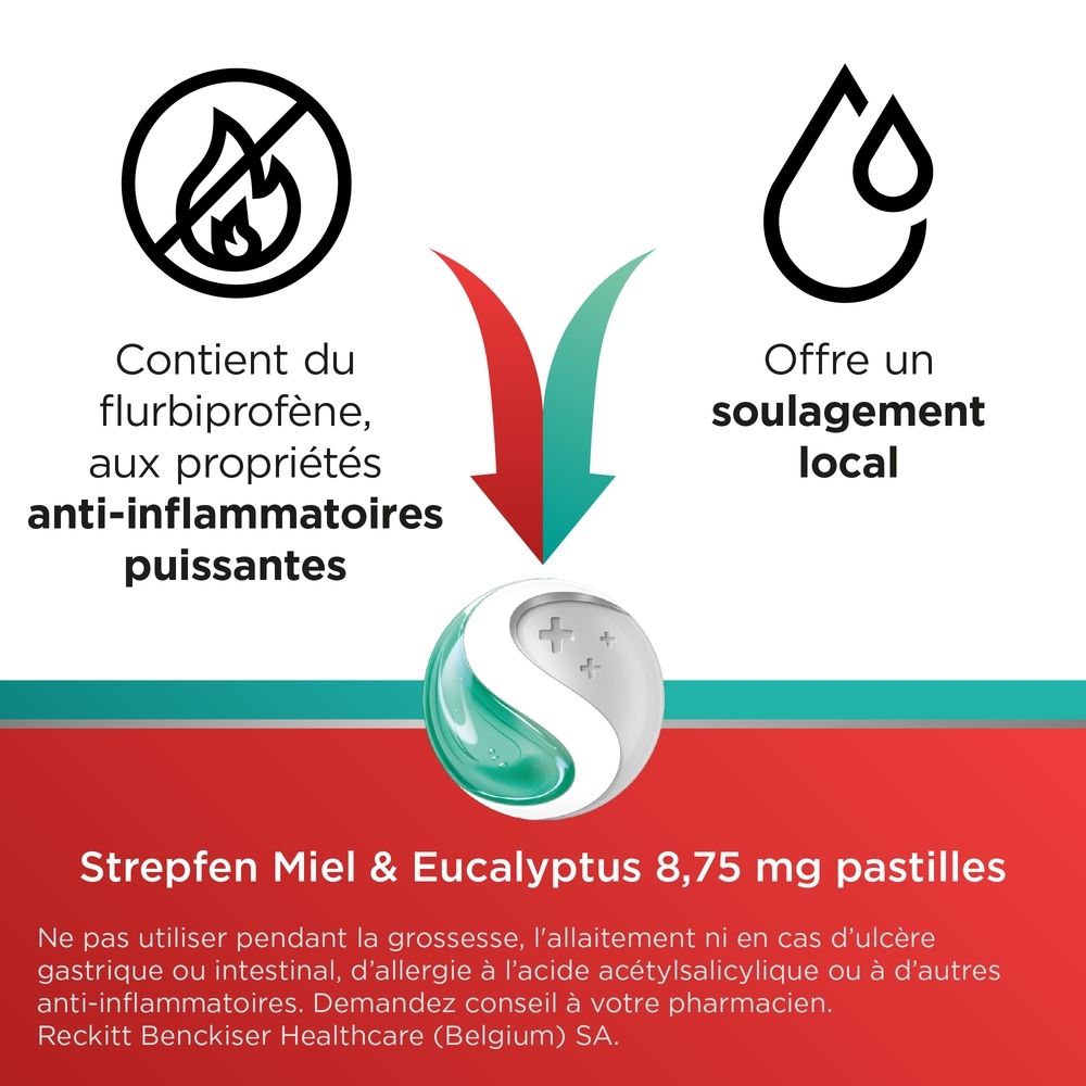 Texte: Strepfen Miel & Eucalyptus 8,75 mg pastilles. Soulage les maux de gorge.