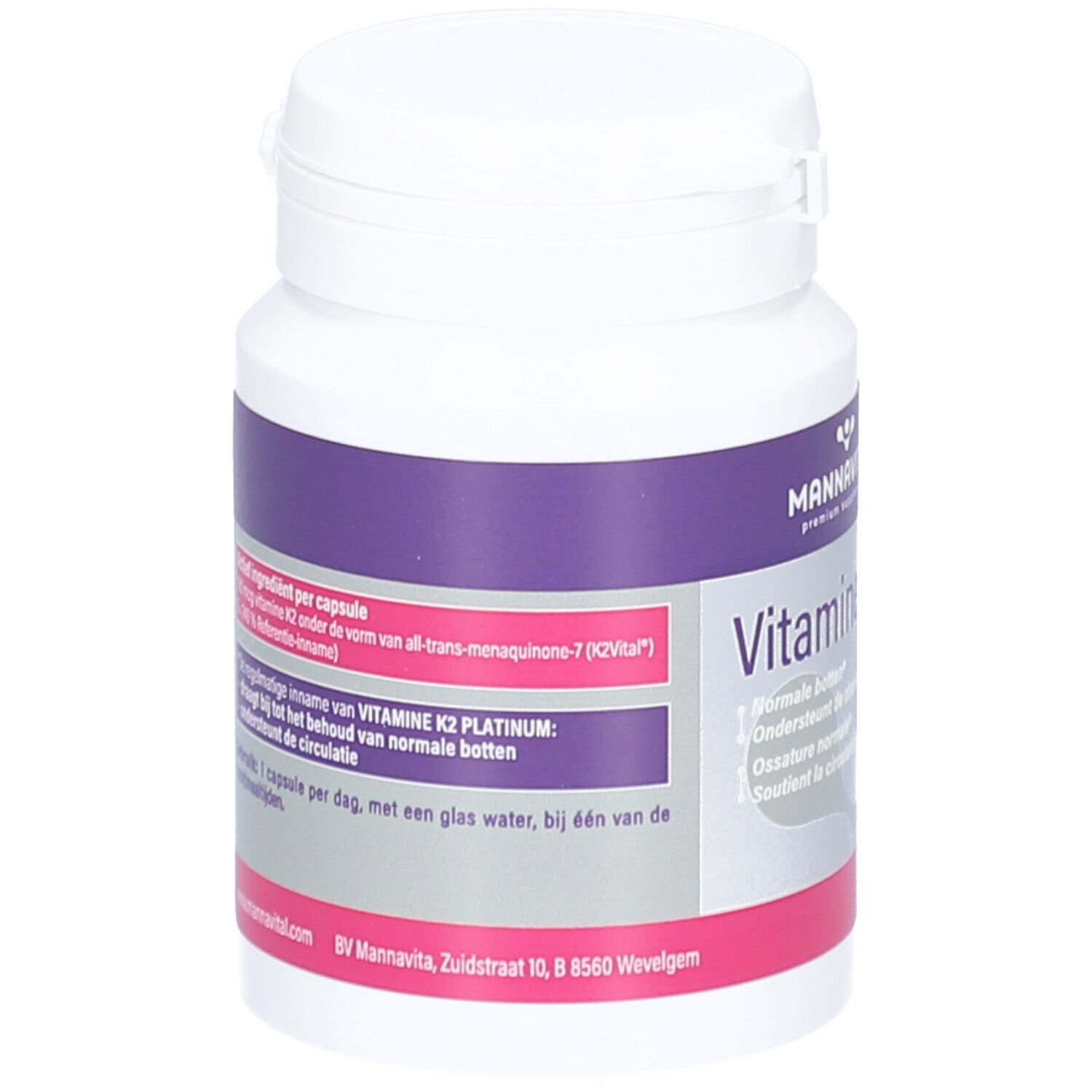 Flacon blanc avec étiquette violette. Contient de la vitamine K2 Platinum. Texte en néerlandais. Bouchon à vis.