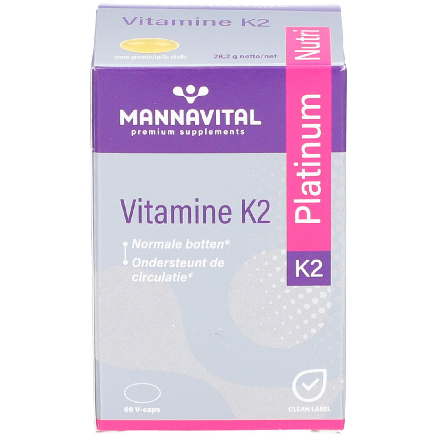 Boîte de vitamine K2 Platinum. Violet et blanc. 60 gélules. Marque Mannavital.