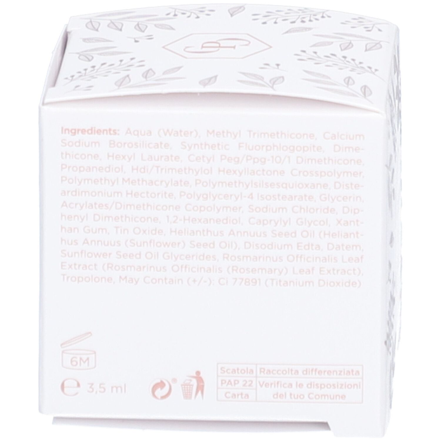 Boîte blanche avec liste d'ingrédients et symboles de recyclage. Informations imprimées en anglais et en italien.