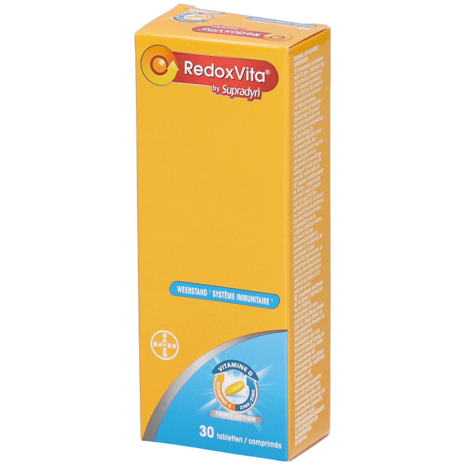 Boîte jaune RedoxVita® by Supradyn. Texte: Weerstand, Système Immunitaire, Vitamine D, 30 comprimés. Logo Bayer.