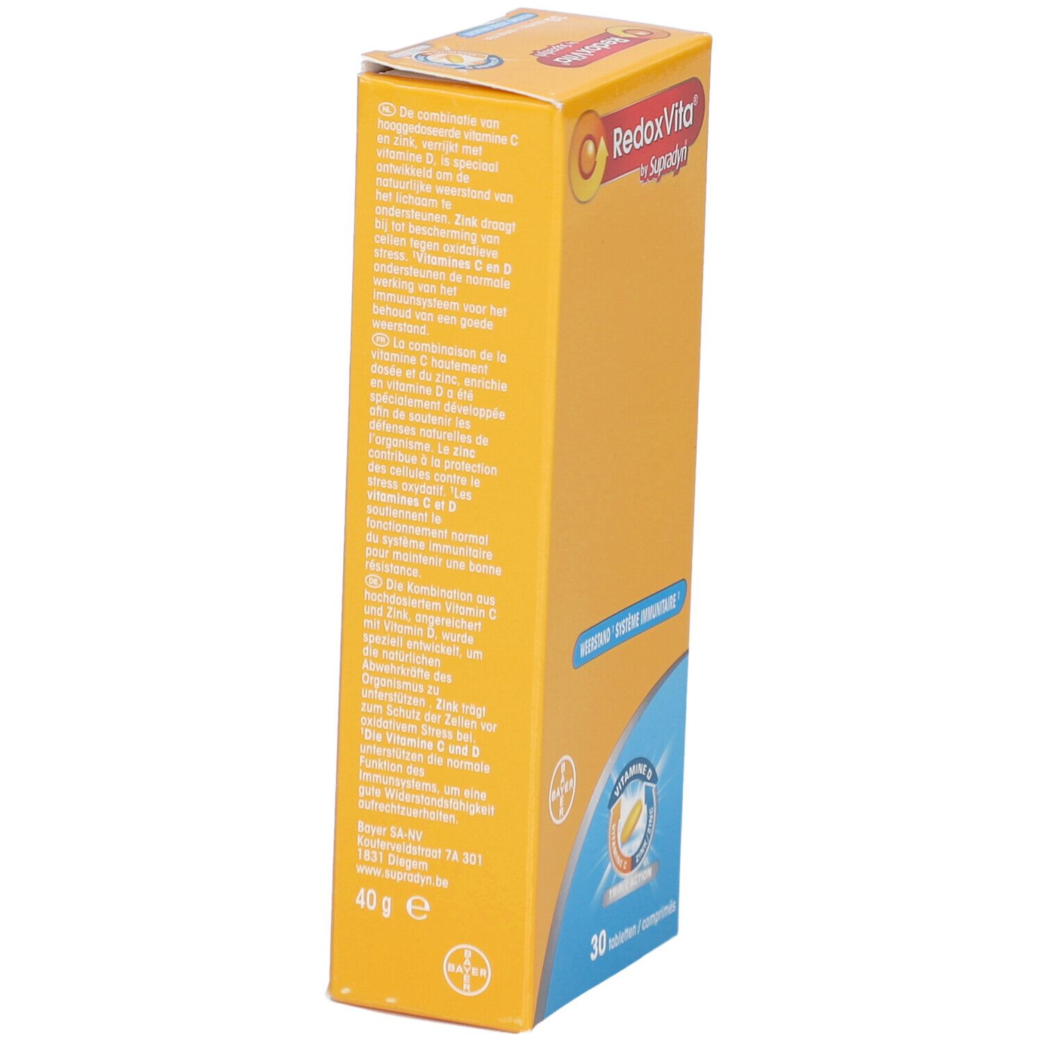 Boîte jaune avec texte. RedoxVita® by Supradyn. Texte: 40 g, 30 comprimés. Logo Bayer. Détail des ingrédients.
