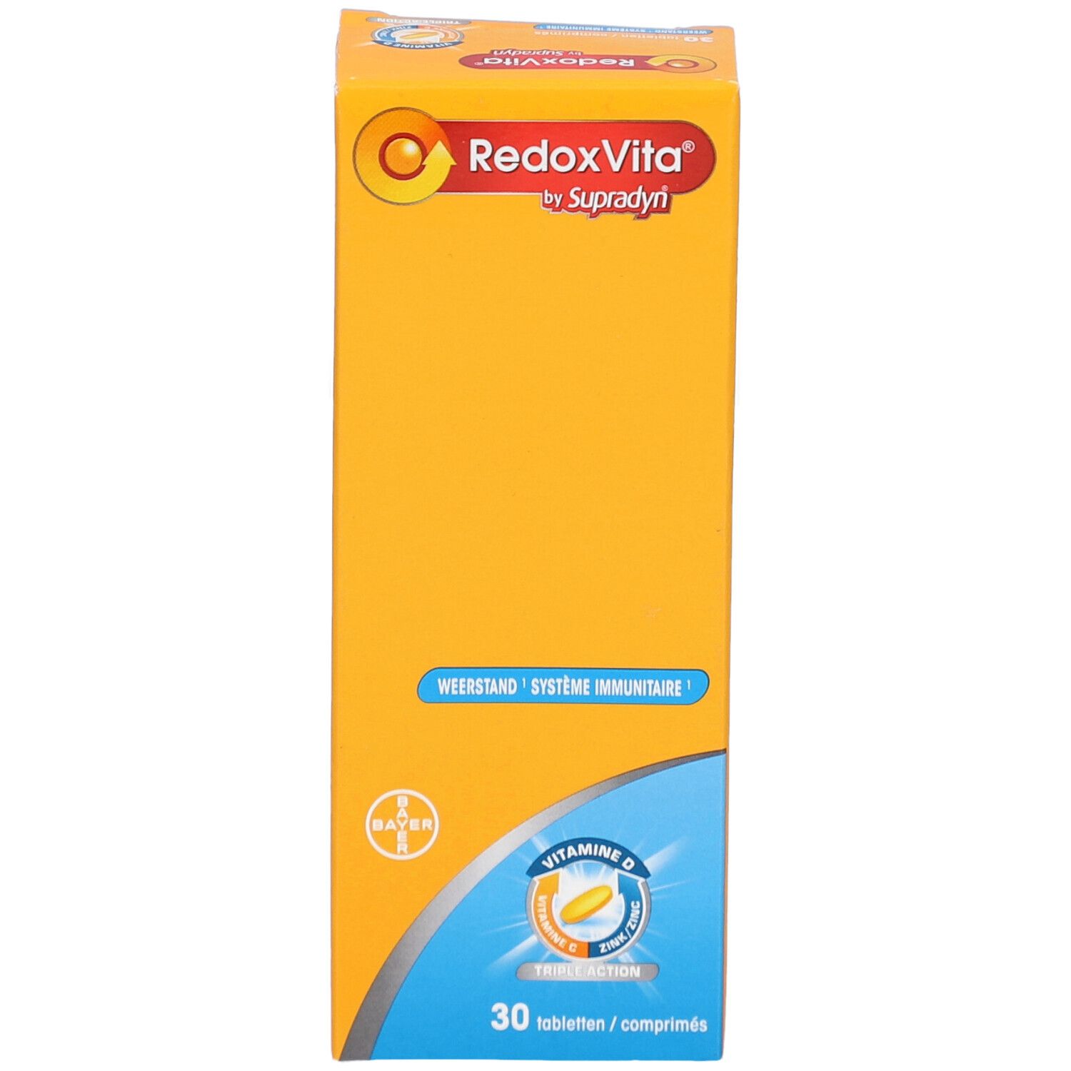 Boîte jaune RedoxVita® by Supradyn. Texte: Weerstand, Système Immunitaire, Vitamine D, 30 comprimés. Logo Bayer.