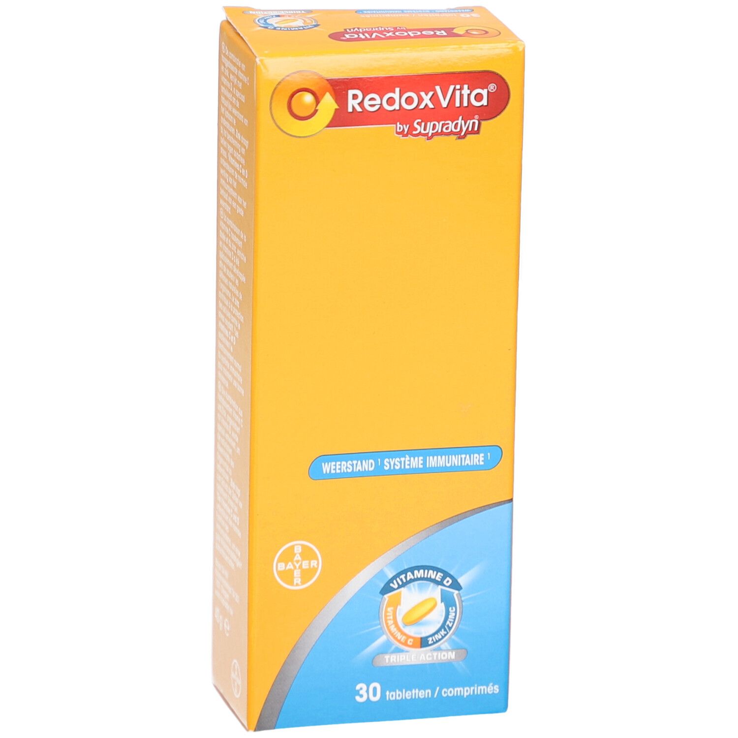 Boîte jaune RedoxVita® by Supradyn. Texte: Weerstand, Système Immunitaire, Vitamine D, 30 comprimés. Logo Bayer.
