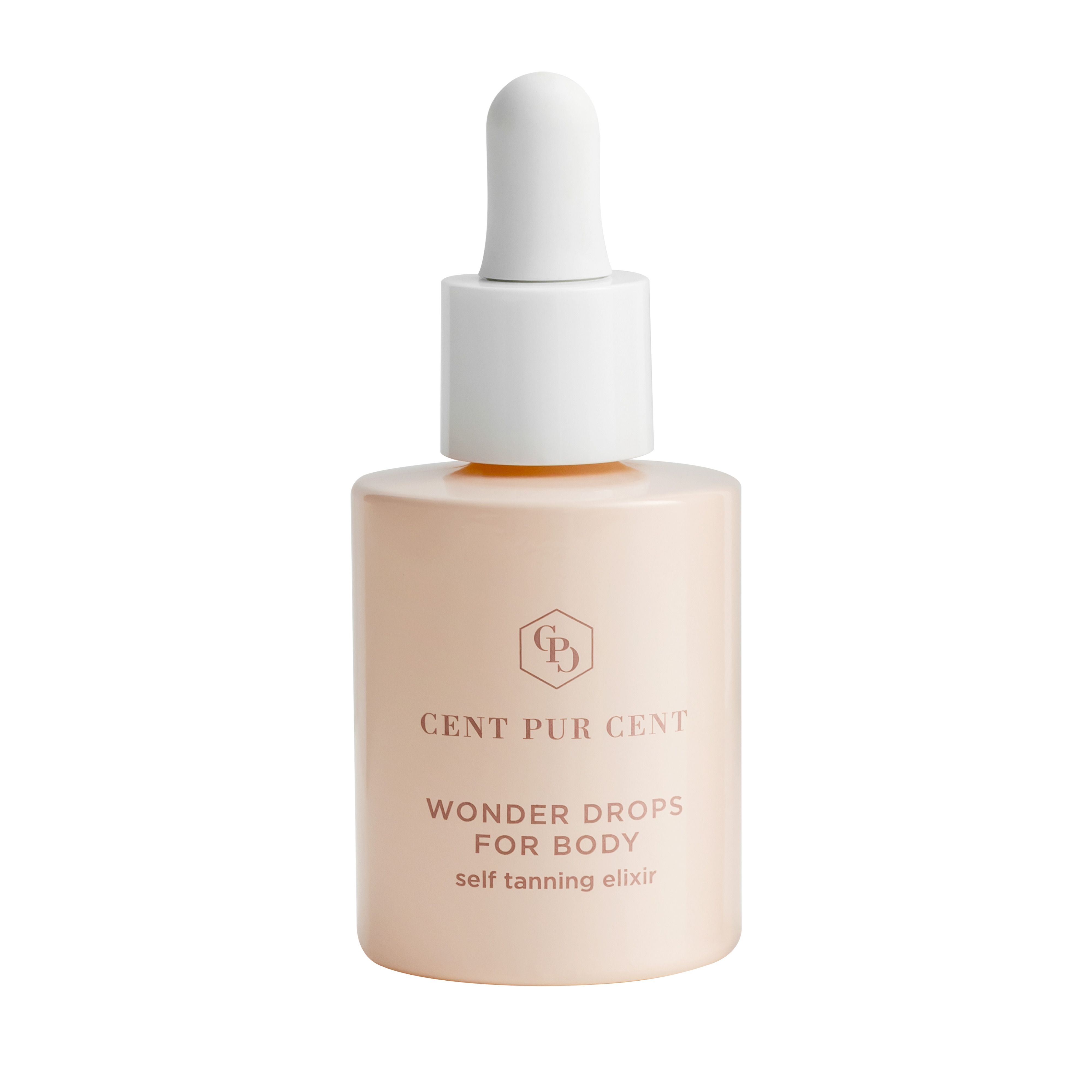 Beige fles met witte dop en pipet. Opschrift: CENT PUR CENT, Wonder Drops FOR BODY, self tanning elixir.