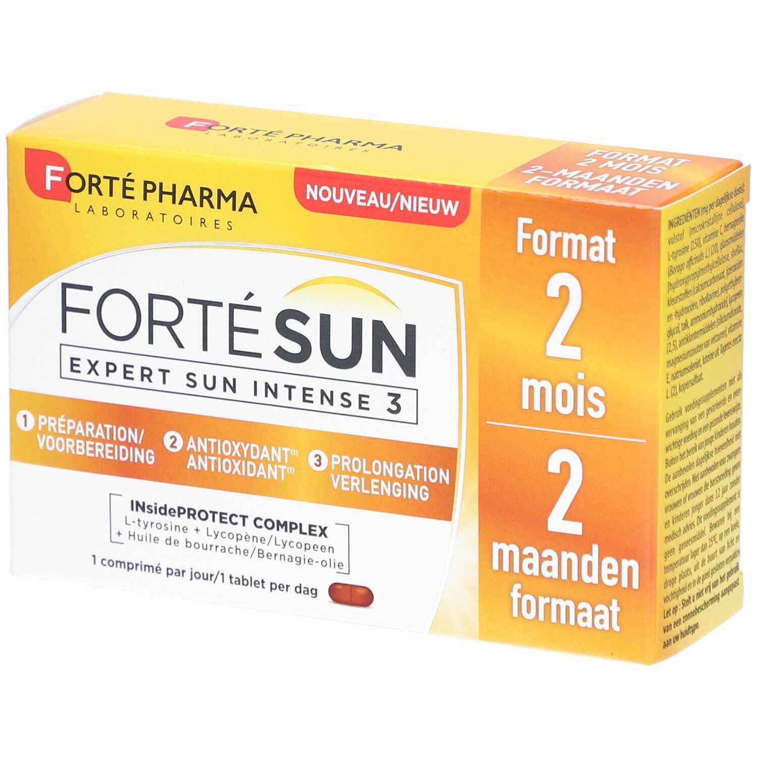 Verpakking van Forté Sun Expert Sun Intense 3. Gele doos met productnaam en details. Bevat tabletten.