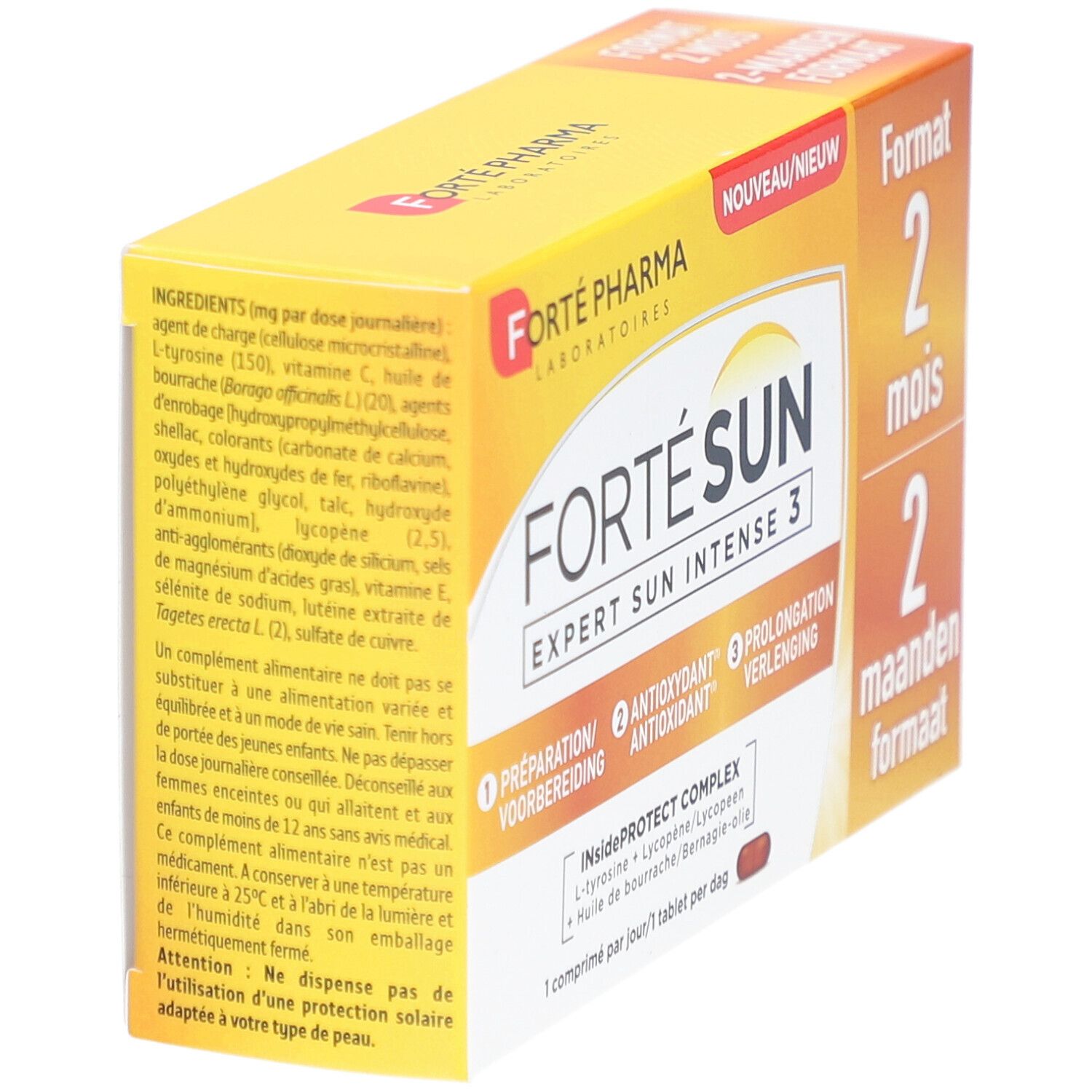 Verpakking van Forté Sun Expert Sun Intense 3. Gele doos met informatie en ingrediënten. Bevat tabletten.