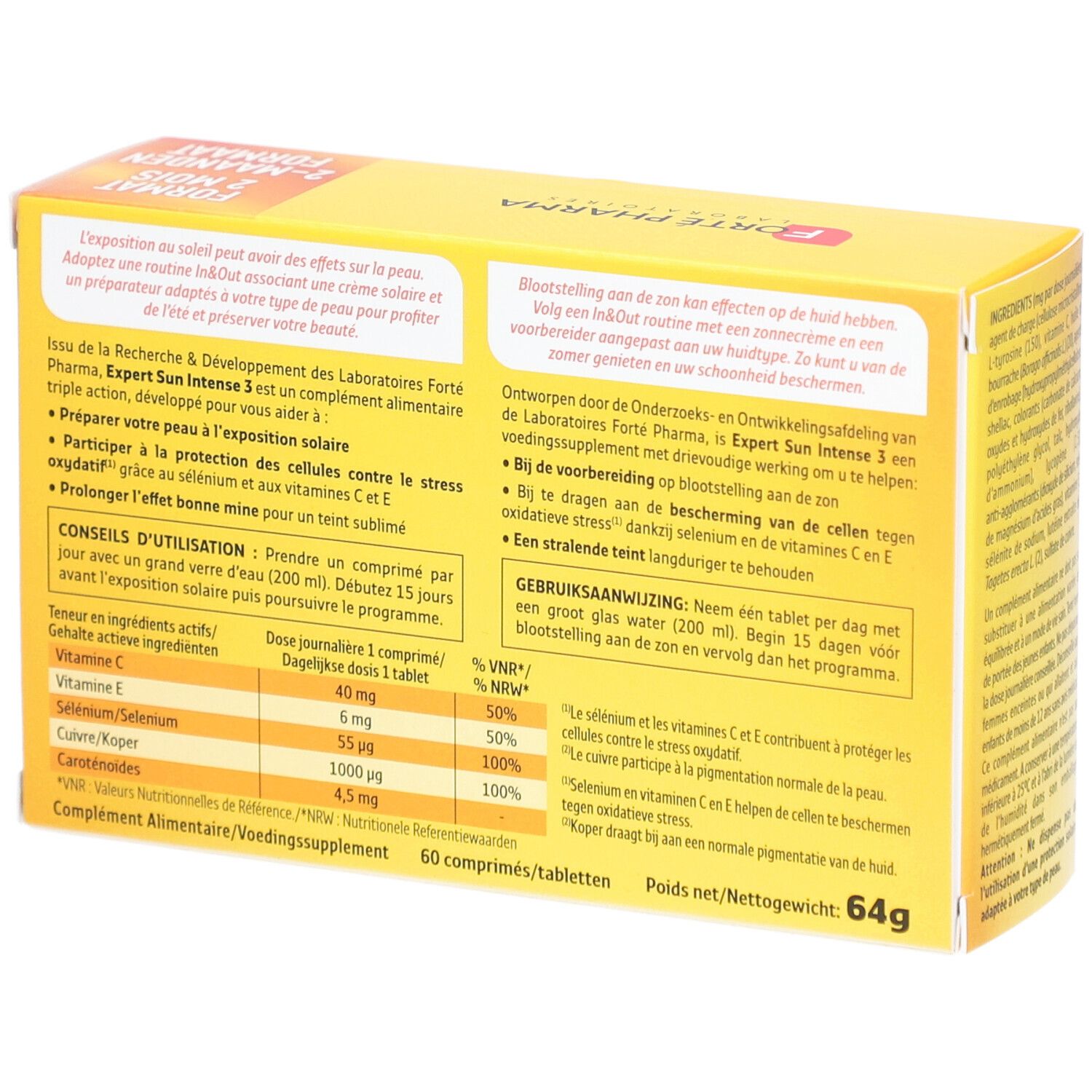 Achterkant van de verpakking van Forté Sun Expert Sun Intense 3. Gele doos met informatie en ingrediënten.