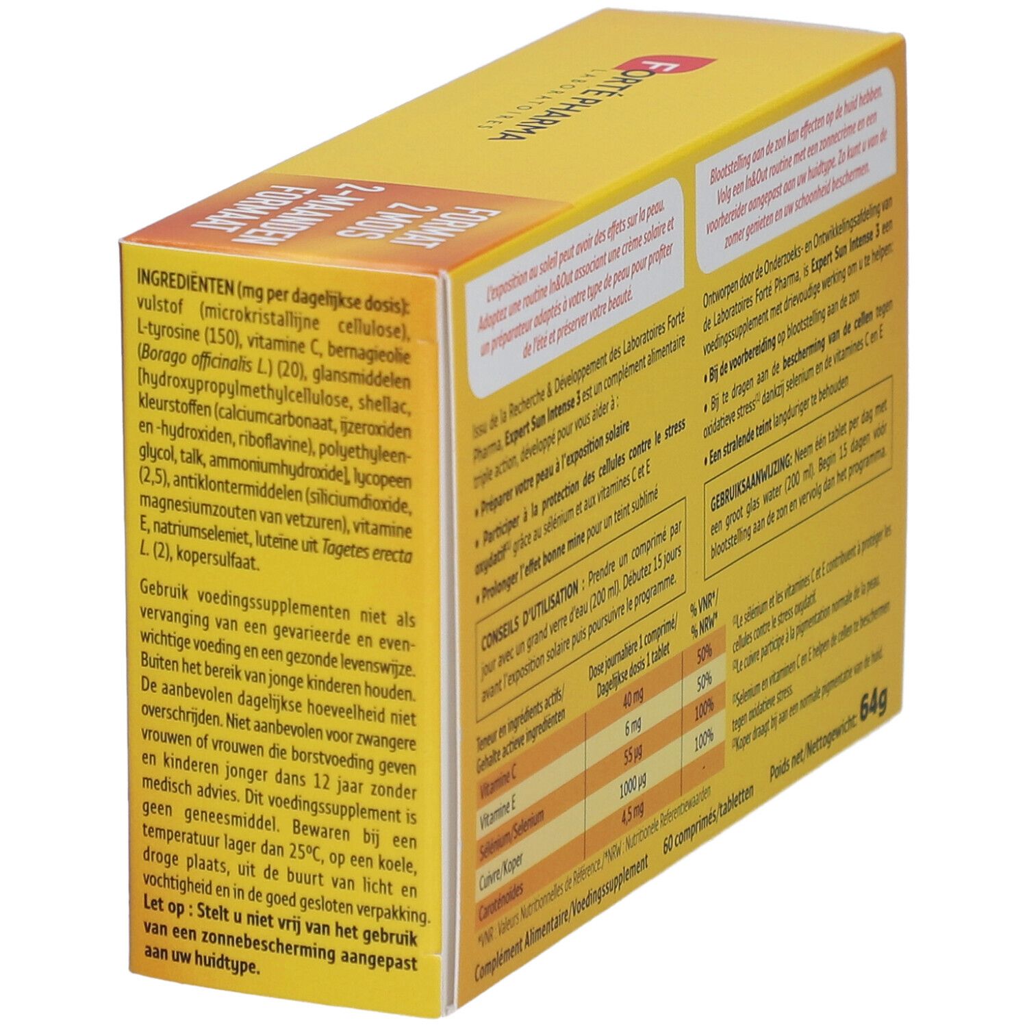 Achterkant van de verpakking van Forté Sun Expert Sun Intense 3. Gele doos met informatie en ingrediënten.