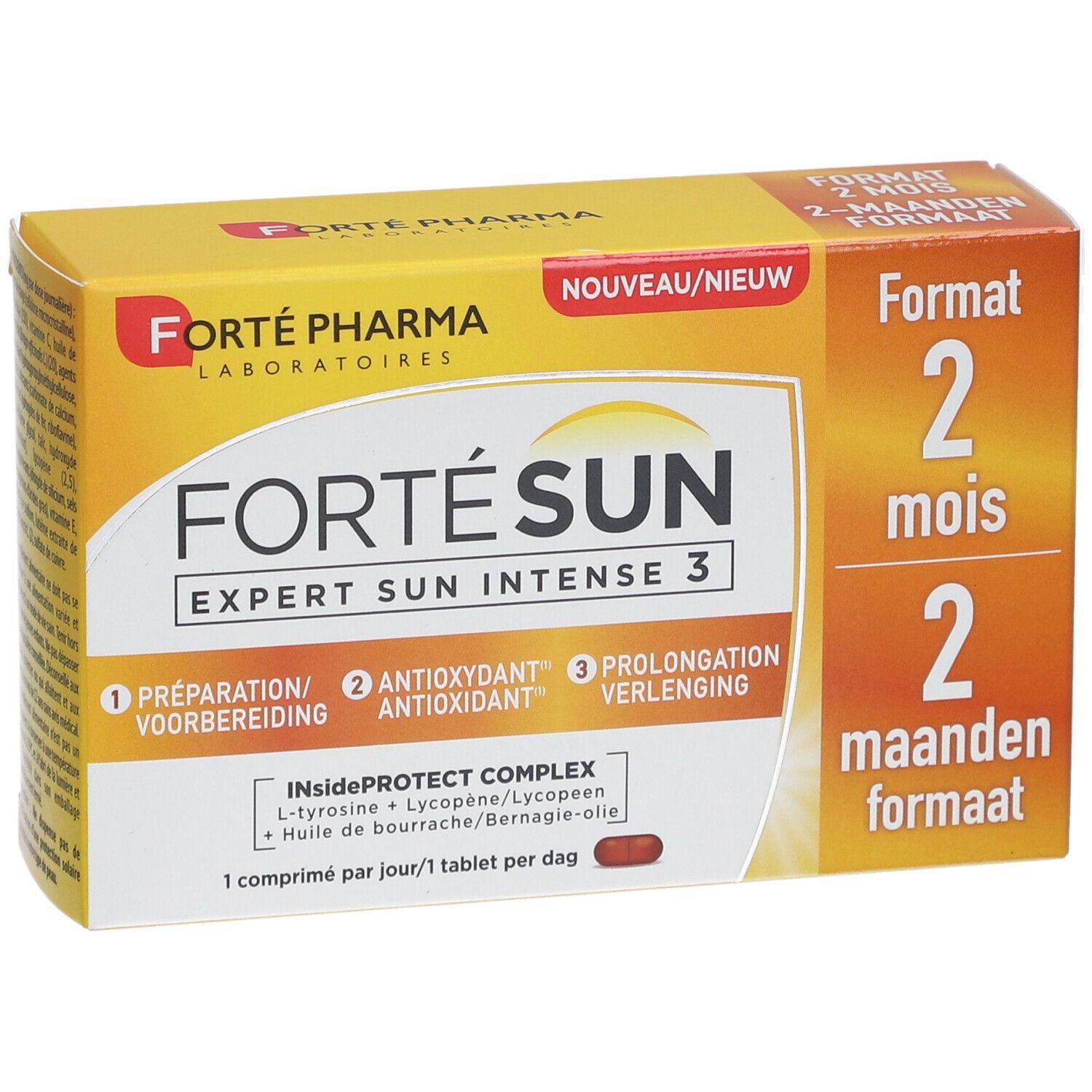 Verpakking van Forté Sun Expert Sun Intense 3. Gele doos met productnaam en details. Bevat tabletten.