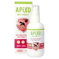 Emballage du produit avec flacon spray. Texte: APIXO ANTI-INSECT, DEET 30%.