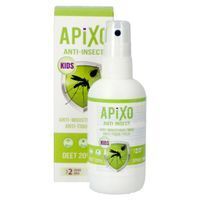 Productverpakking en sprayfles. Opschrift: APIXO Anti-Insect Kids.