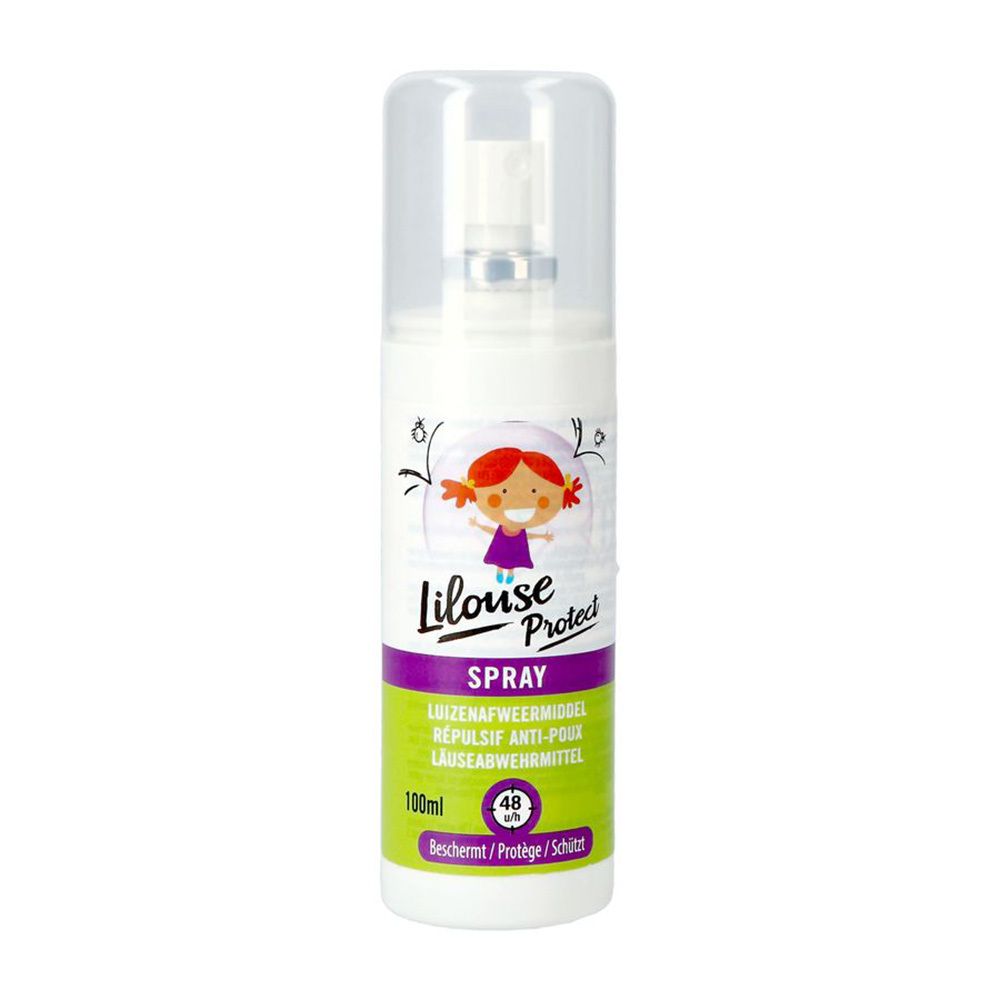 Flacon spray blanc avec bouchon transparent. Inscription: Lilouse Protect Spray. Étiquette verte et violette avec illustration. 100ml.