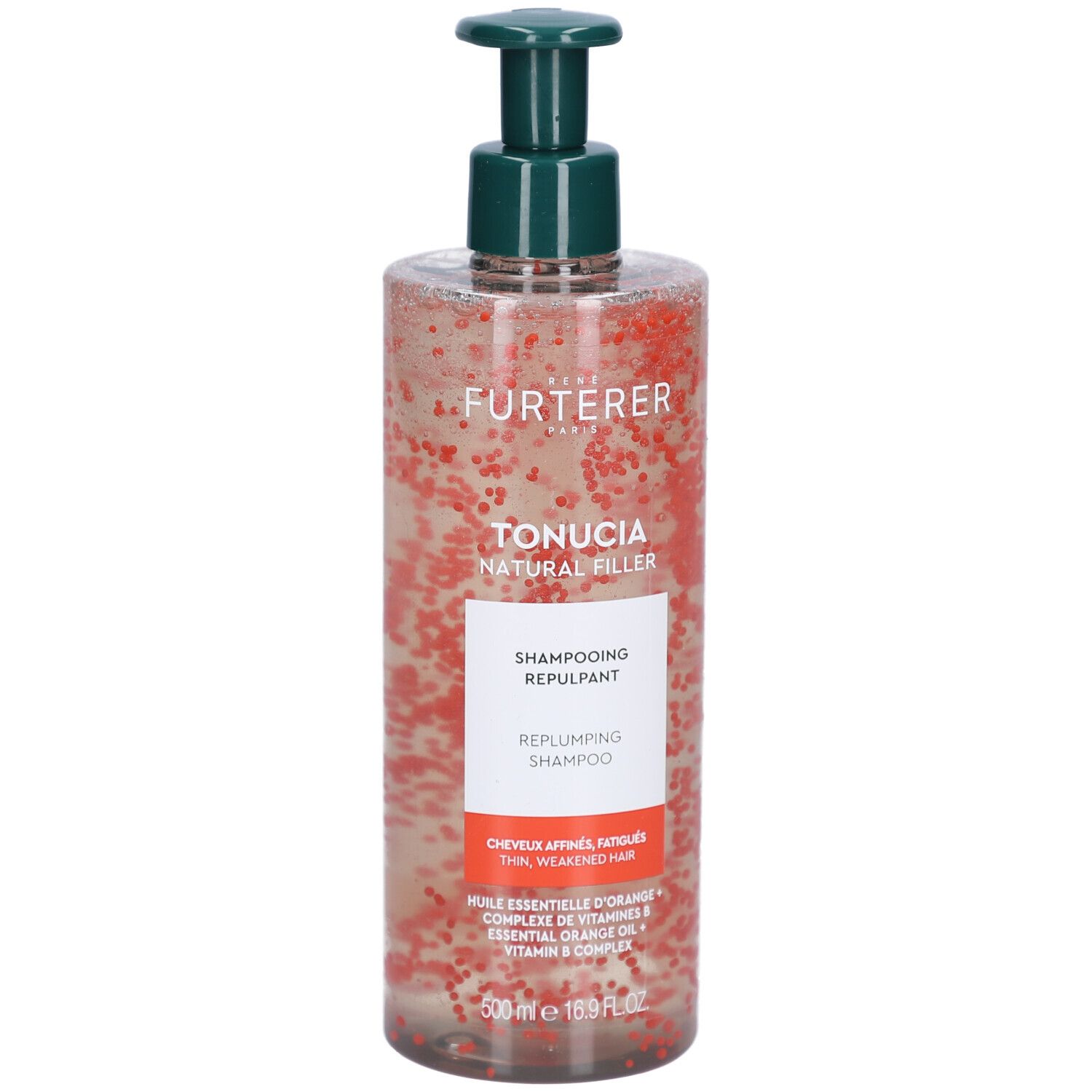 Flacon transparent avec pompe verte. Contient un liquide avec des billes rouges. Inscription : René Furterer, Tonucia, Shampooing Repulpant.