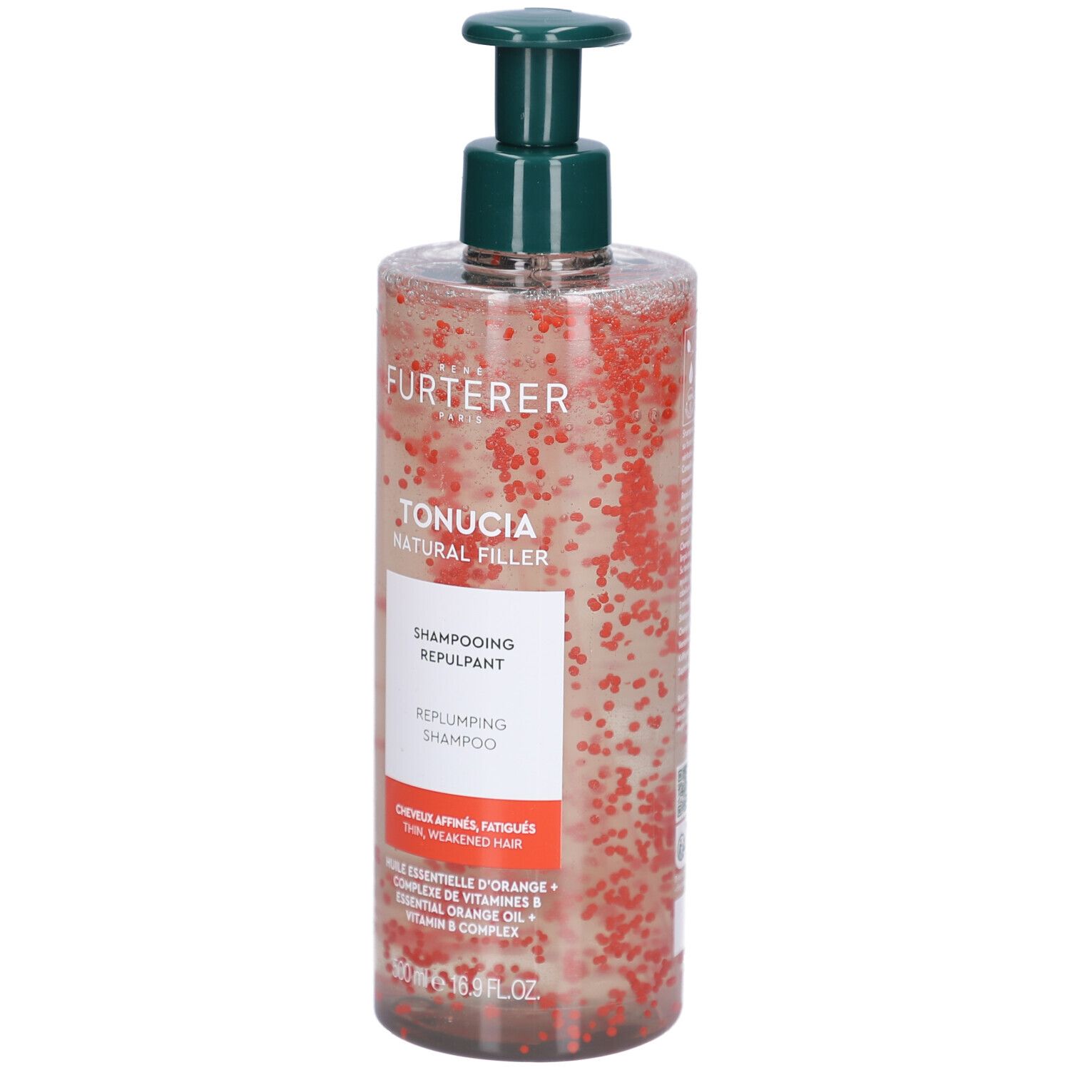 Flacon transparent avec pompe verte. Contient un liquide avec des billes rouges. Inscription : René Furterer, Tonucia, Shampooing Repulpant.