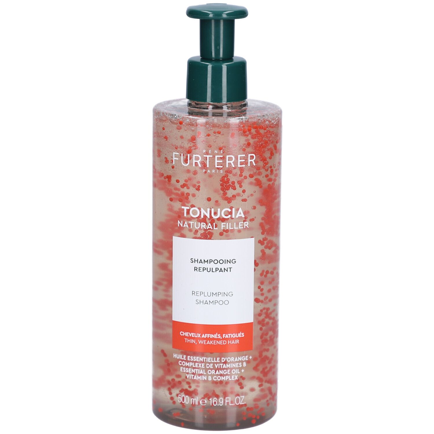 Flacon transparent avec pompe verte. Contient un liquide avec des billes rouges. Inscription : René Furterer, Tonucia, Shampooing Repulpant.