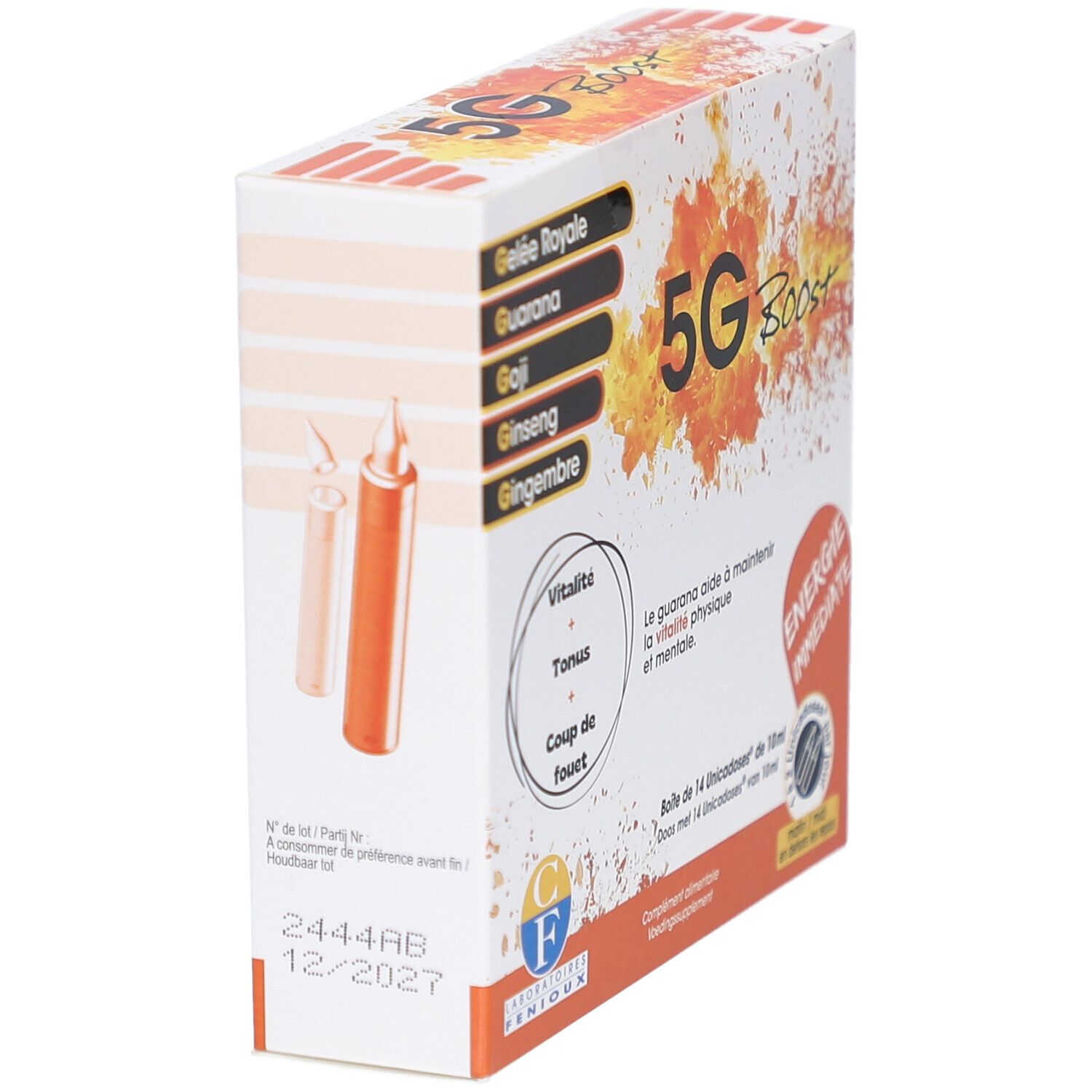 Vue latérale de la boîte "5G Boost". Ampoules visibles. Inscription: 2444AB 12/2027. Liste des ingrédients.