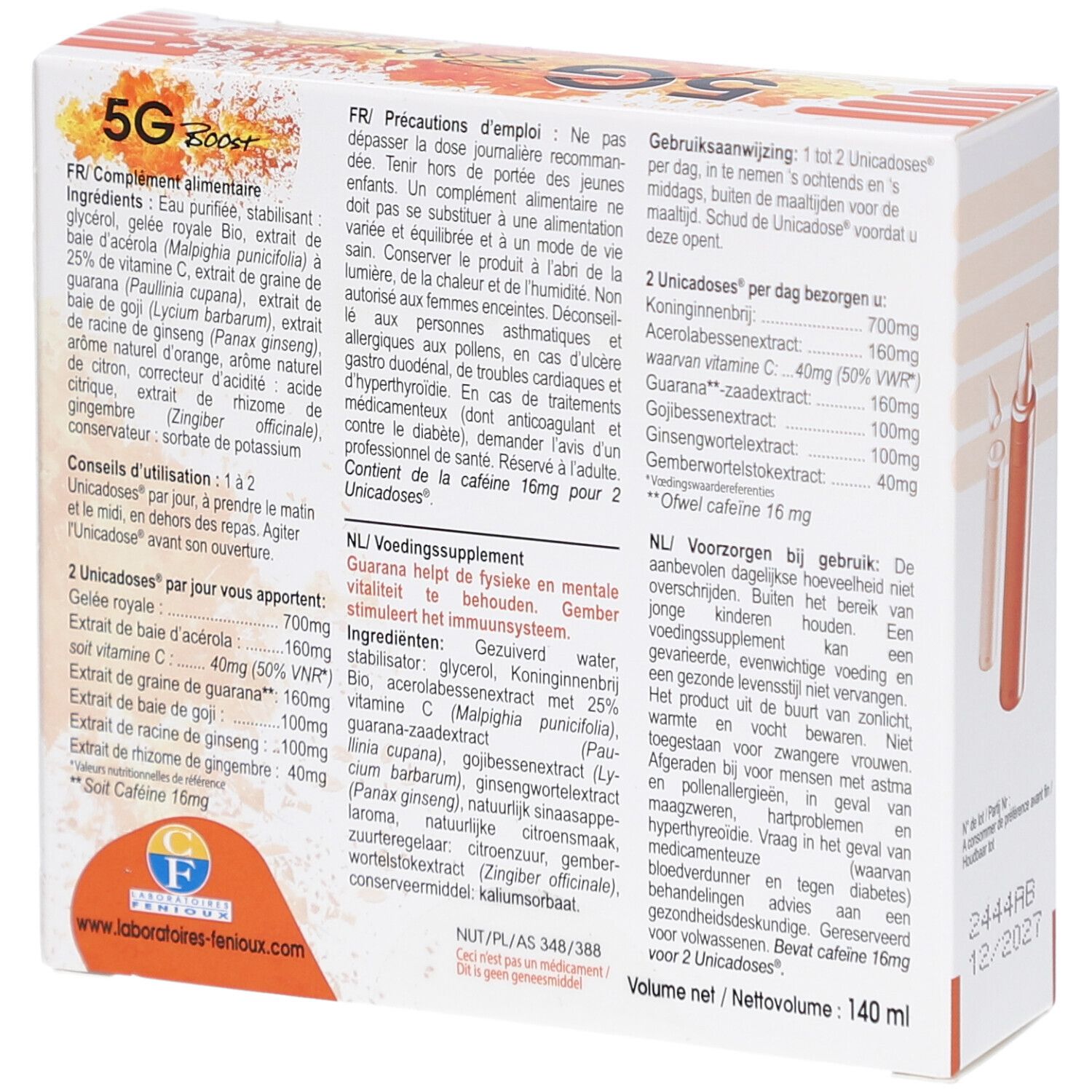 Dos de la boîte "5G Boost". Informations nutritionnelles et instructions. Ampoules illustrées. Texte multilingue.
