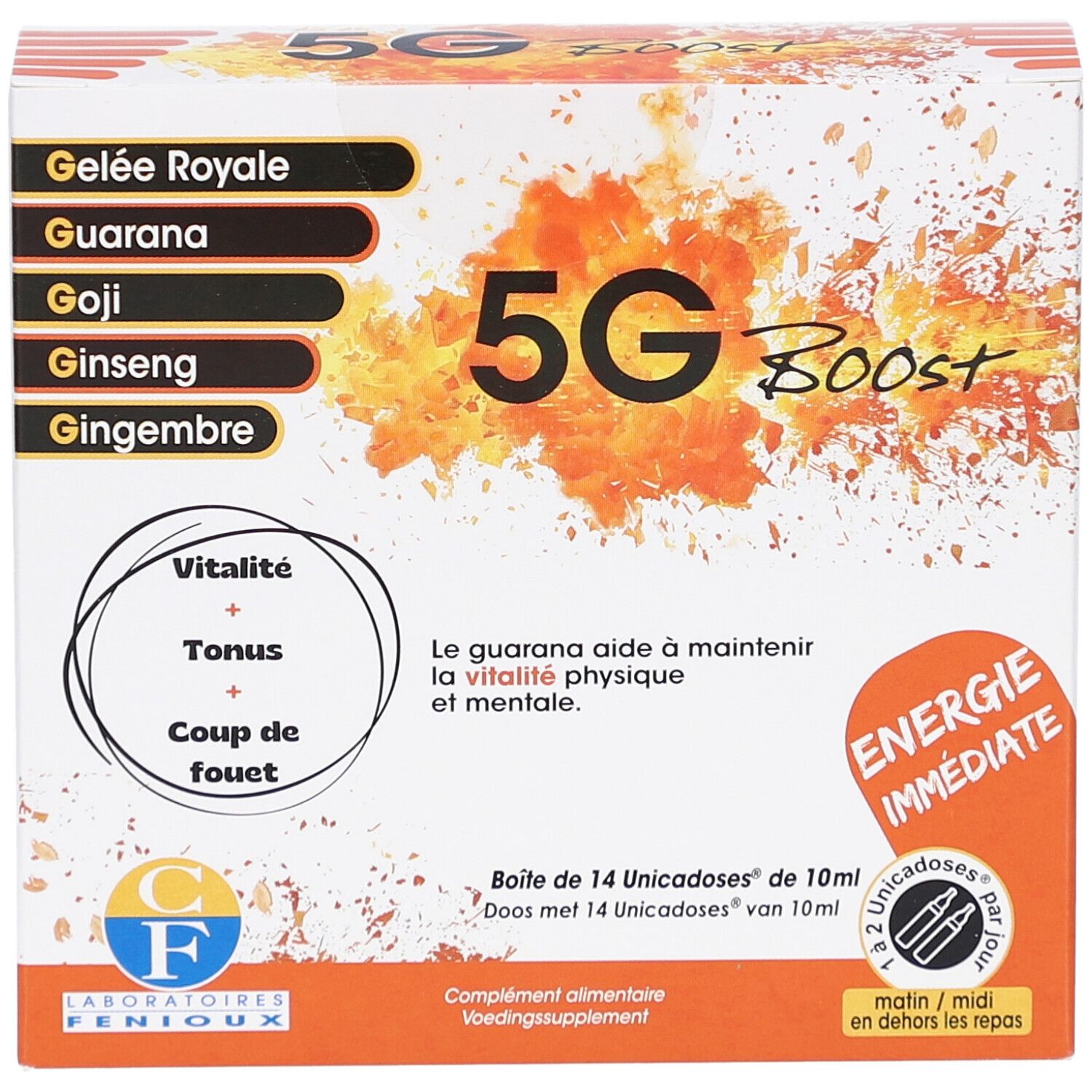 Boîte "5G Boost". Inscriptions: Gelée Royale, Guarana, Goji, Ginseng, Gingembre. Logo. Texte: Énergie Immédiate.