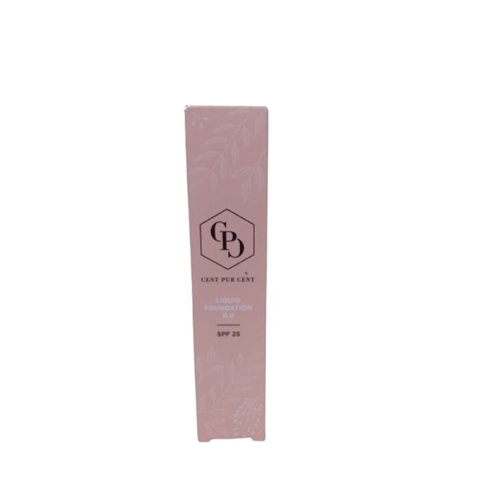 Roze verpakking. Logo: CD, Cent Pur Cent. Tekst: Liquid Foundation SPF30. Bladdecoratie. Witte tekst op roze achtergrond.