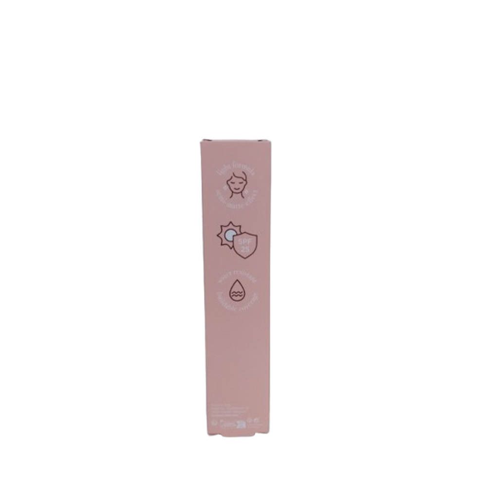 Roze verpakking. Symbolen: gezicht, zon, druppel. Witte tekst. Bladdecoratie. Roze achtergrond.