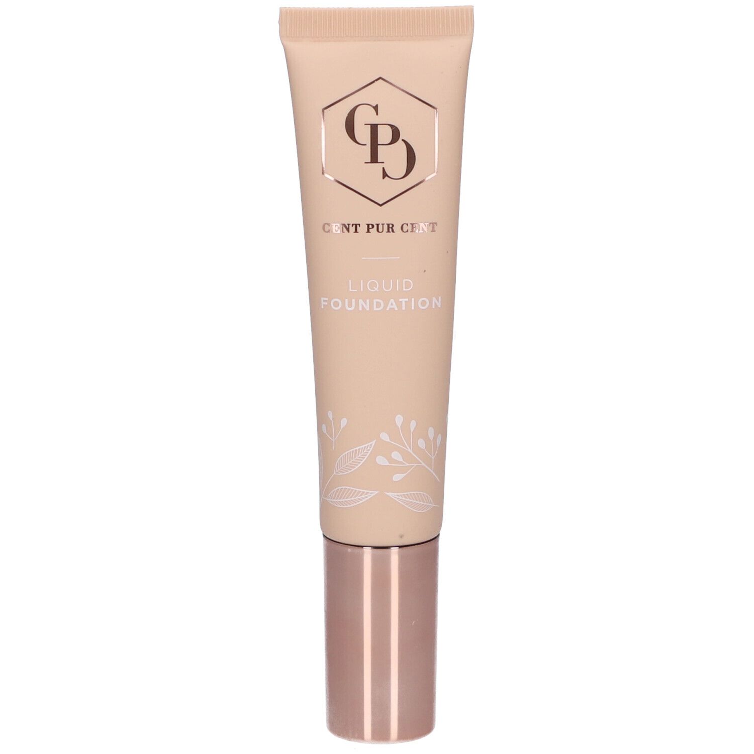 Beige tube met roségouden dop. Logo en tekst: Cent Pur Cent Liquid Foundation.