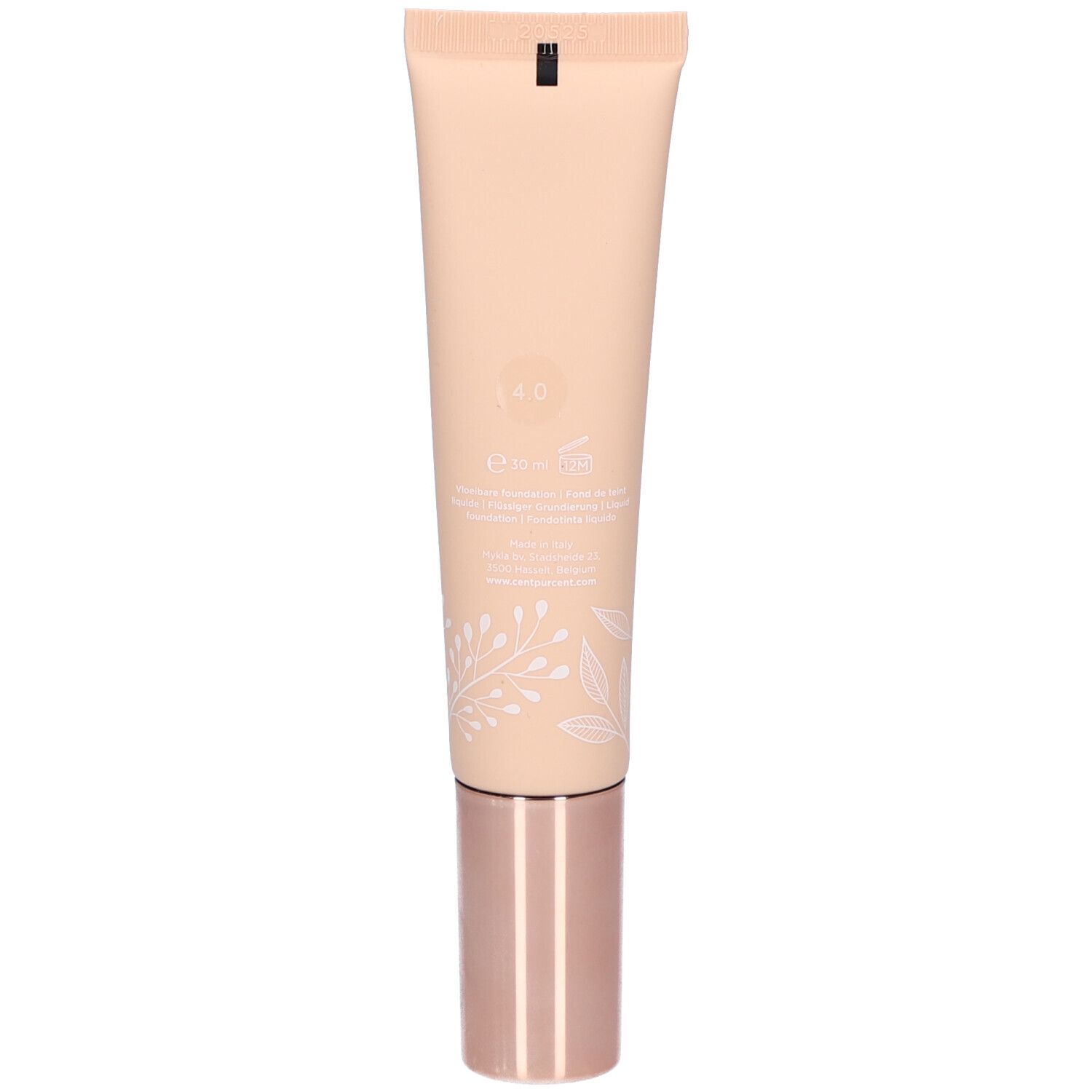 Achterkant van een beige tube. Tekst en bloemmotief. Roségouden dop.