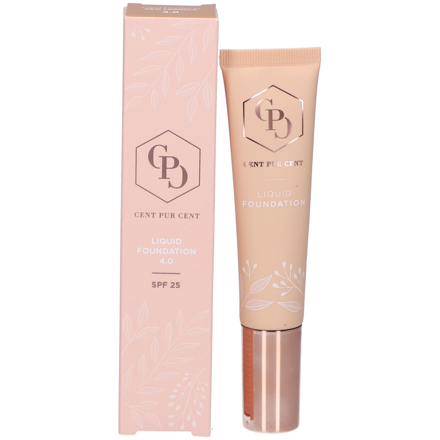 Verpakking en tube. Verpakking: roze, logo, tekst, bloemmotief. Tube: beige, roségouden dop.