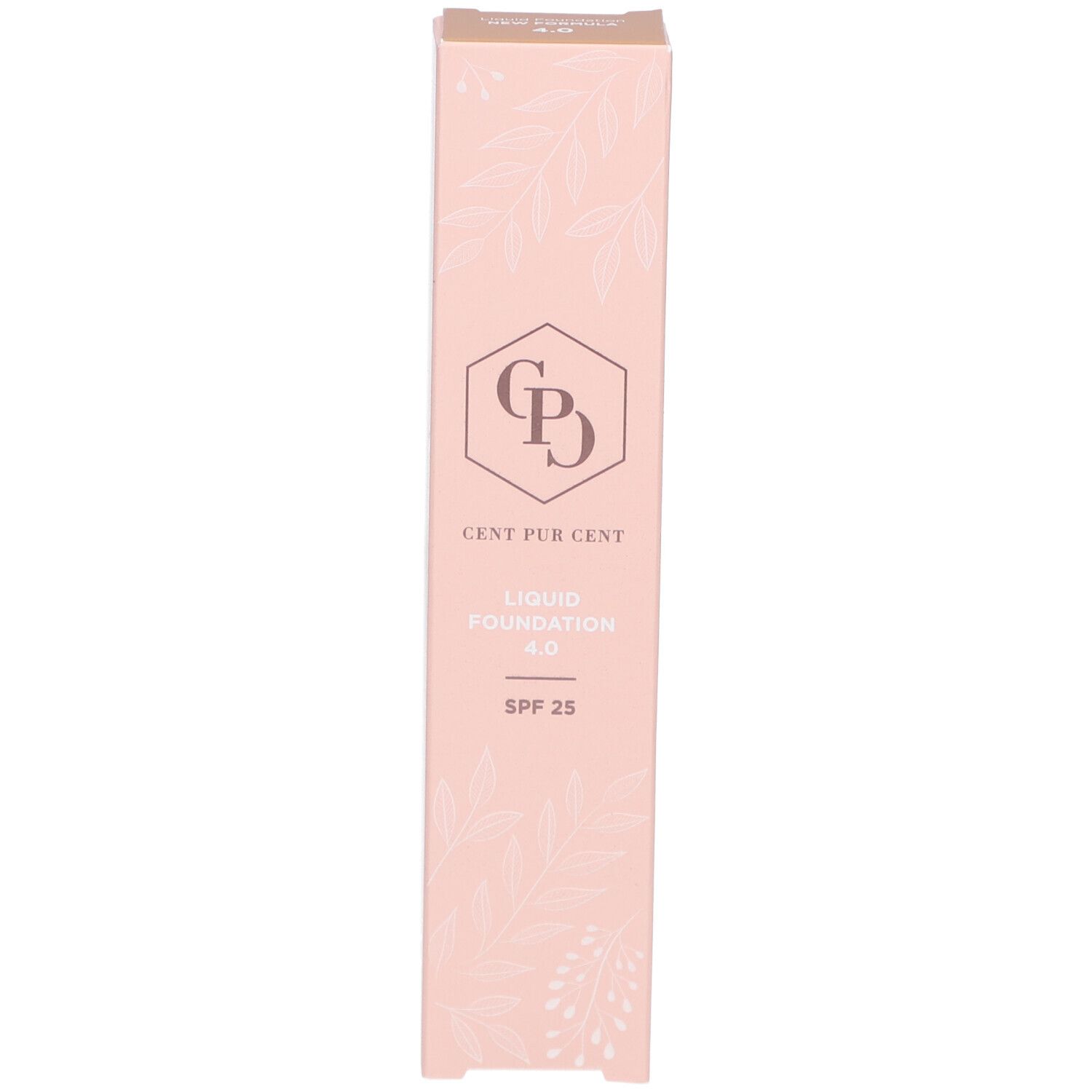 Roze productverpakking. Logo, tekst: Cent Pur Cent Liquid Foundation 4.0 SPF 25, bloemmotief.