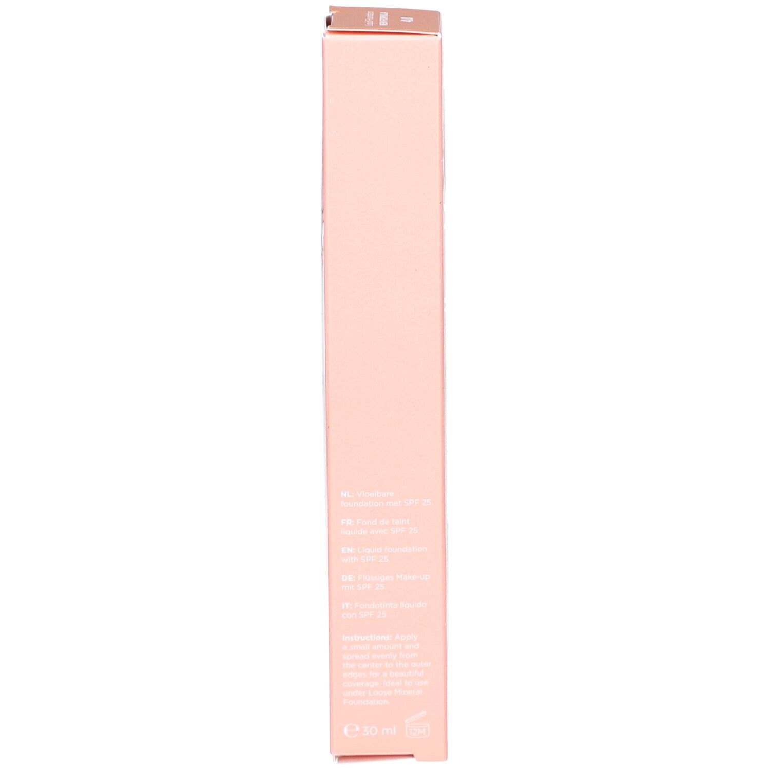 Roze productverpakking. Tekst: ingrediënten, SPF 25, E 30 ml.
