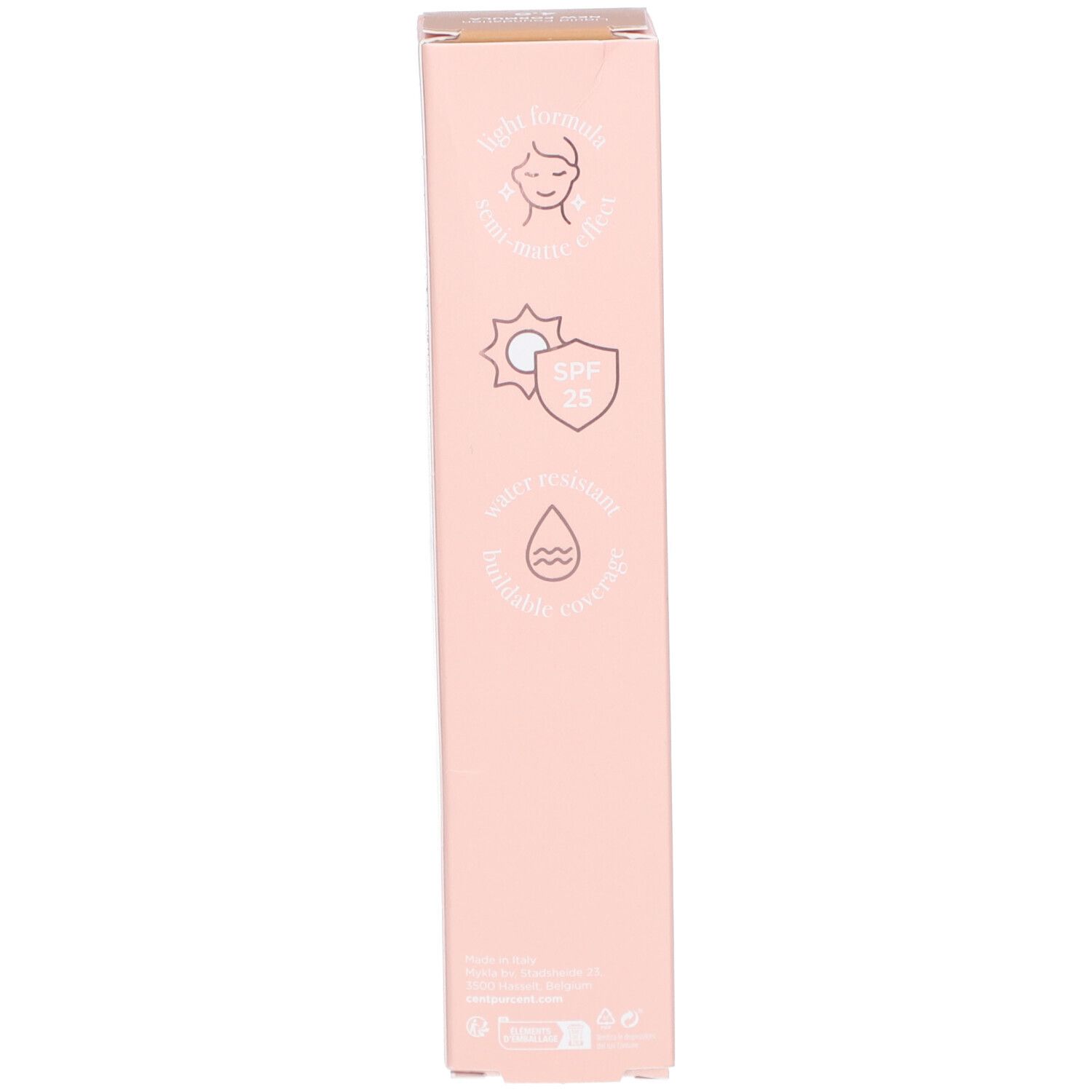 Roze productverpakking. Symbolen: zonbescherming, waterbestendig, dekkend, voor alle huidtypes.