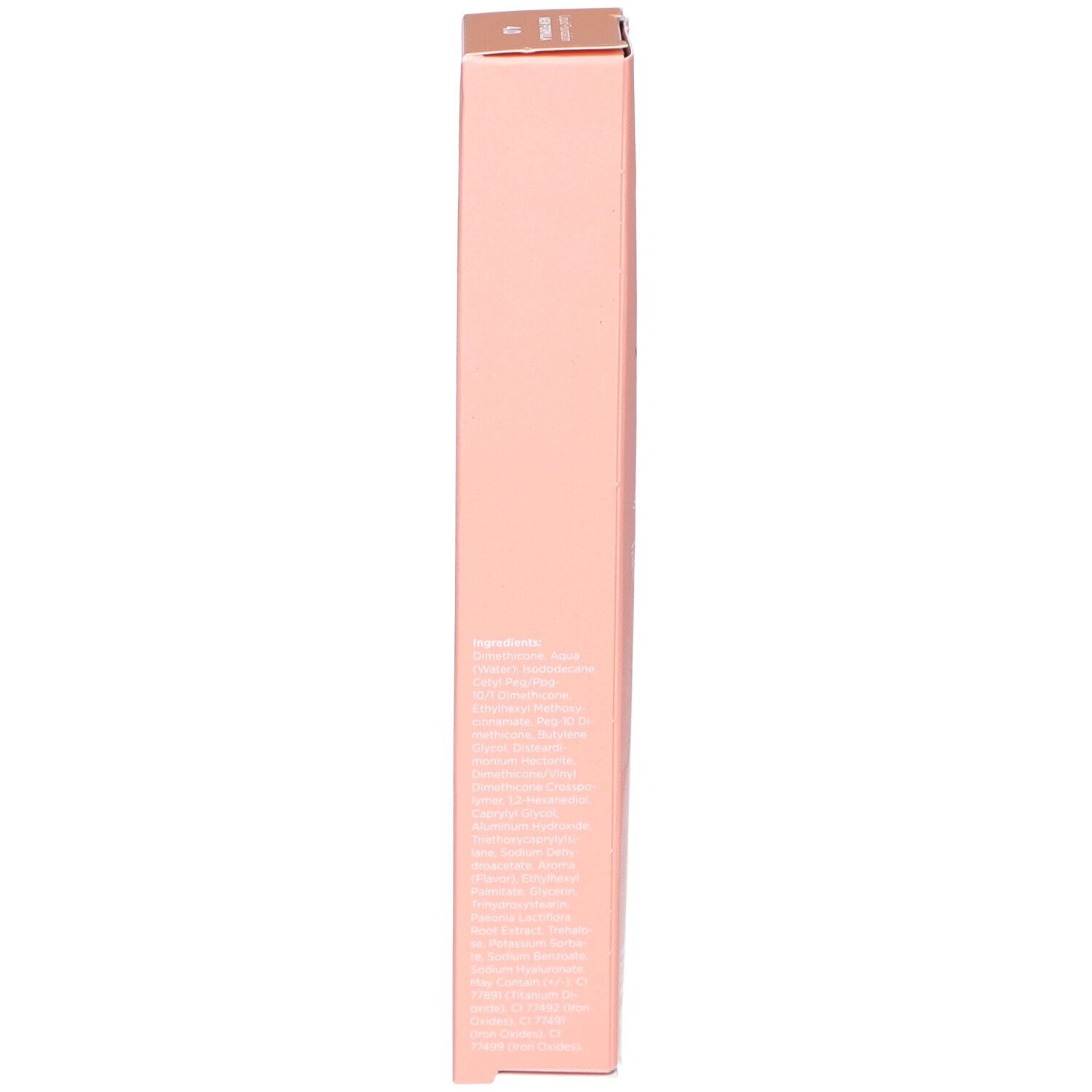 Roze productverpakking. Tekst: ingrediënten, E 30 ml.