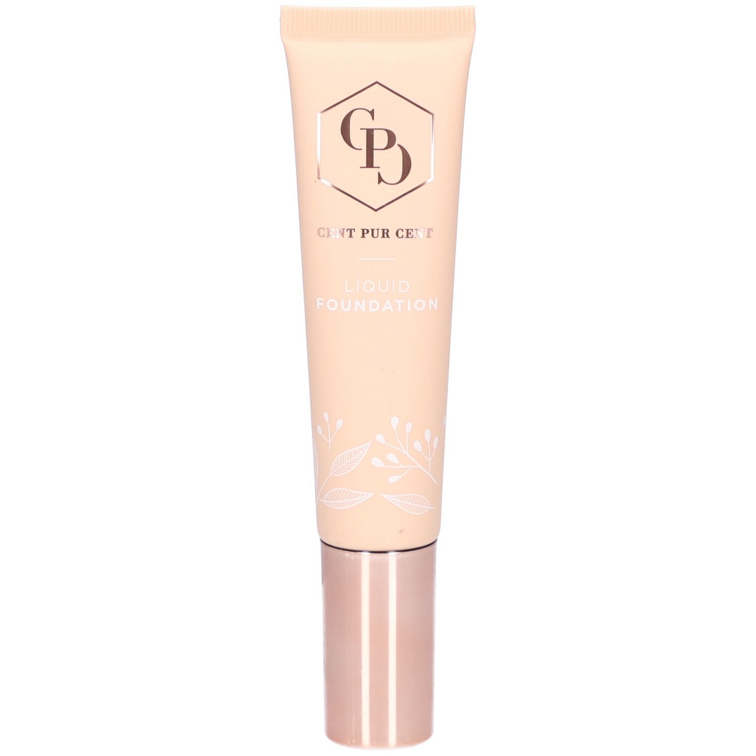 Beige tube met roségouden dop. Logo en tekst: Cent Pur Cent Liquid Foundation.