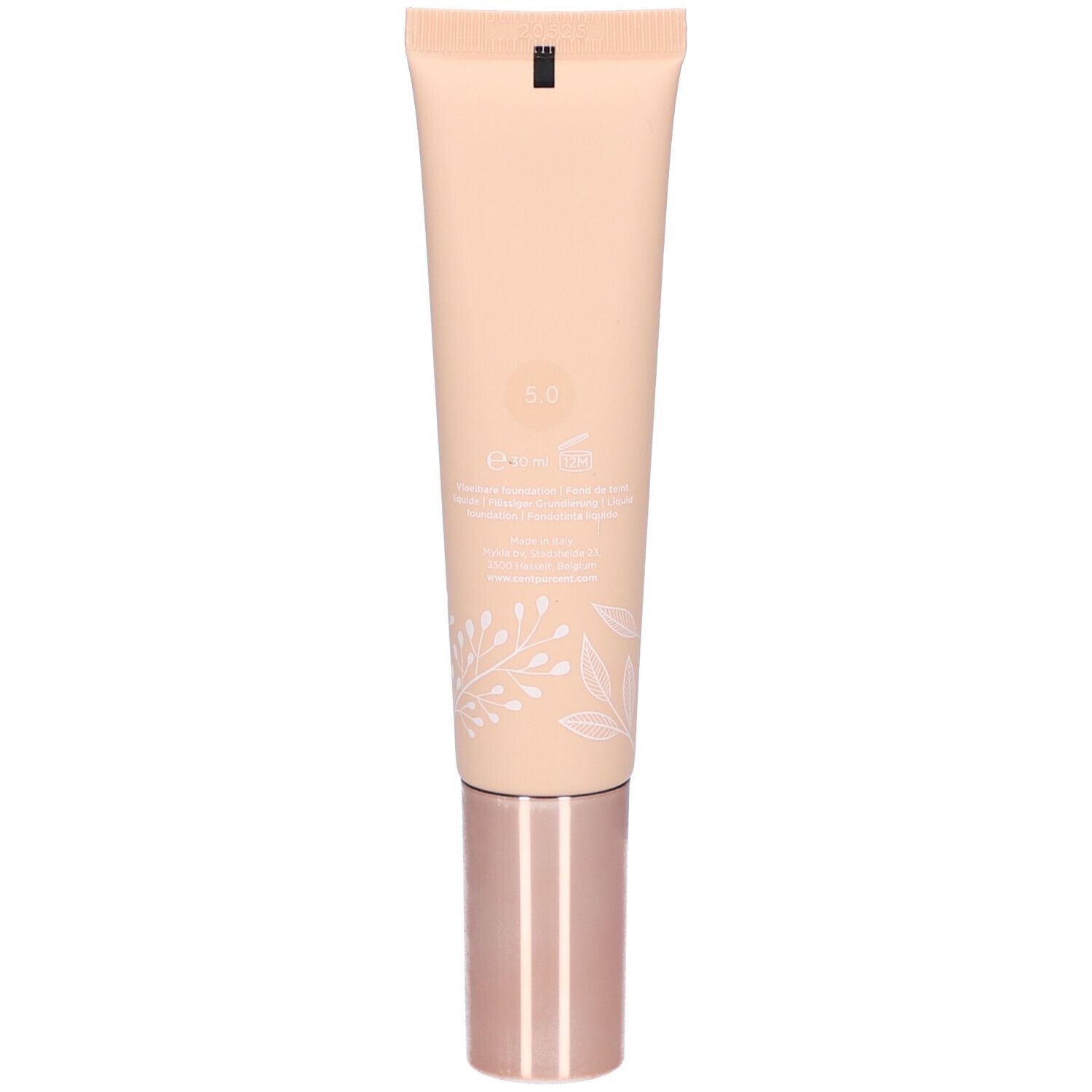 Achterkant van de tube. Beige. Tekst: 5.0, SPF 30. Bloemen decoratie.