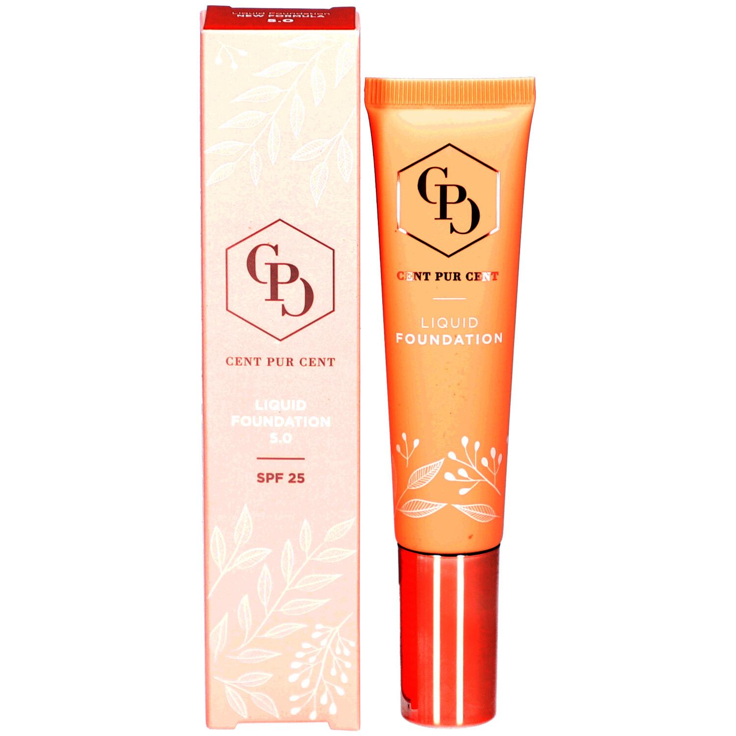 Tube en verpakking. Tube: beige, roségouden dop. Verpakking: roze, logo, tekst: Liquid Foundation 5.0, SPF 25.