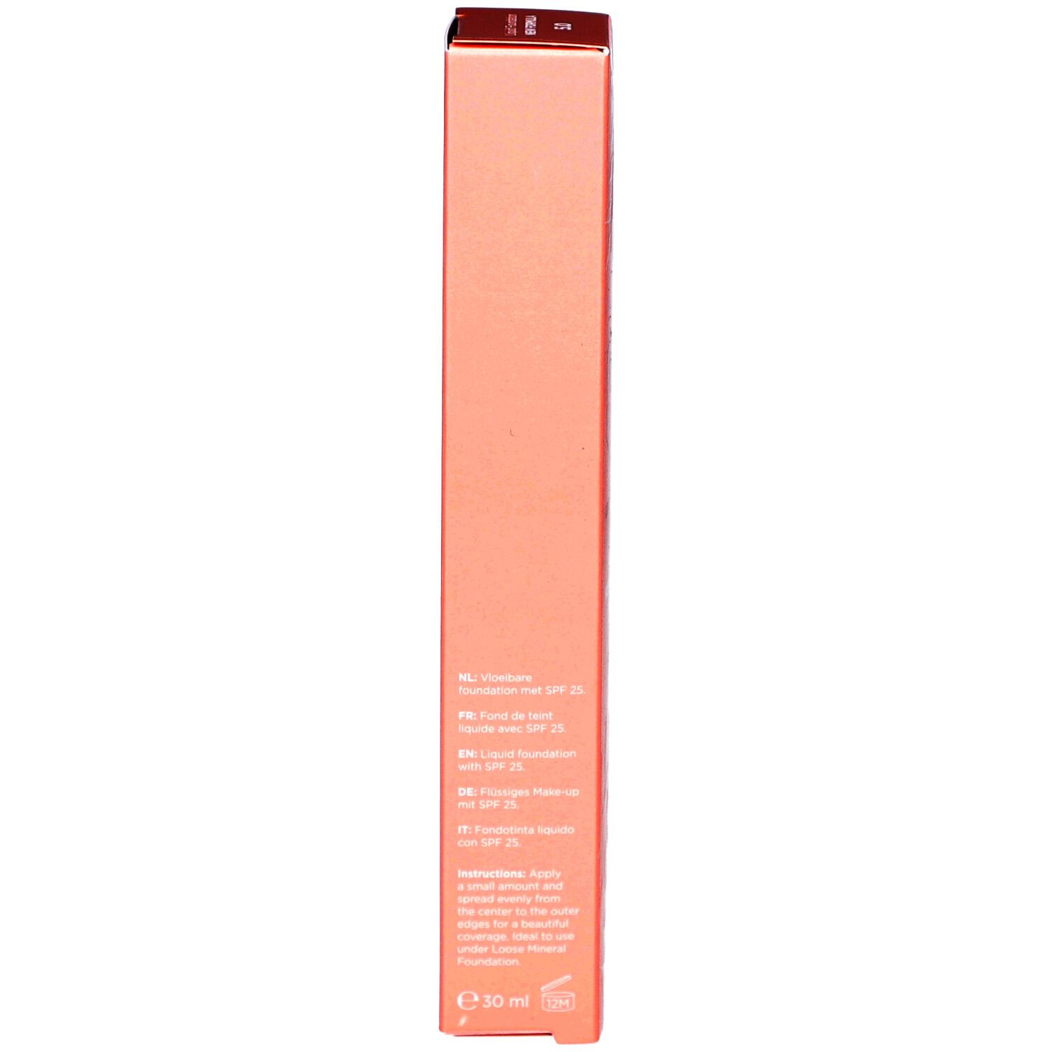 Verpakking. Achterkant. Roze. Meertalige tekst, waaronder Foundation, SPF 25, 30 ml.