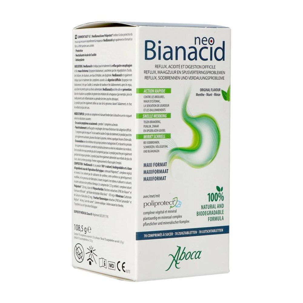 Emballage et flacon. Emballage avec nom, logo et informations. Flacon à côté.