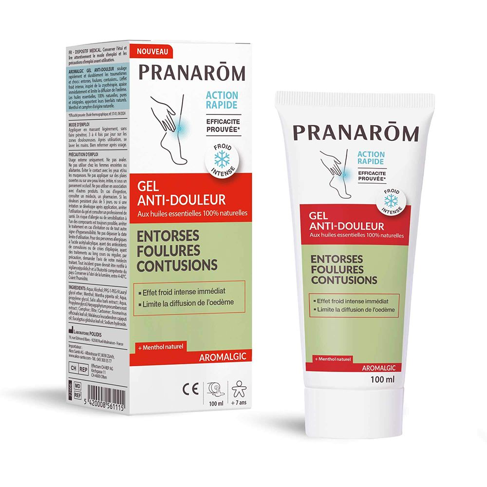 Boîte et tube de produit. Inscription: Pranarôm, Gel Anti-douleur, Entorses, Foulures, Contusions. Aux huiles essentielles 100% naturelles.