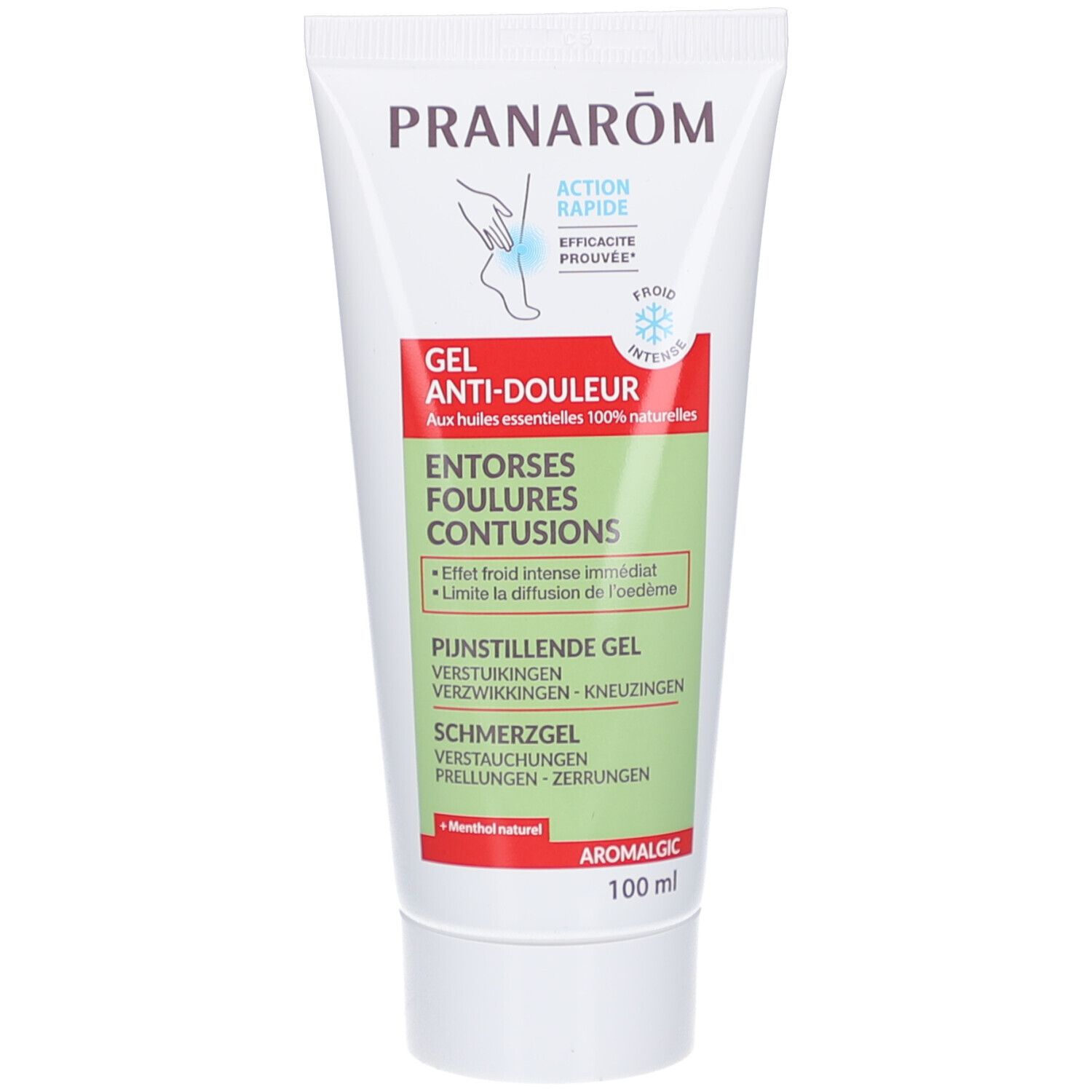 Tube blanc avec étiquette verte et rouge. Contient Pranarôm Aromalgic Gel Anti-douleur. 100 ml. Avec menthol.