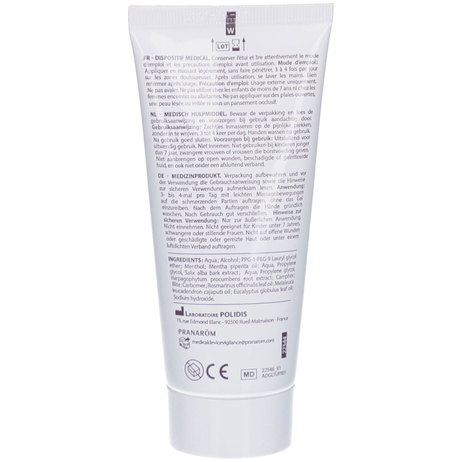 Dos du tube. Contient des informations sur les ingrédients, le mode d'emploi et le fabricant. Marquage CE.